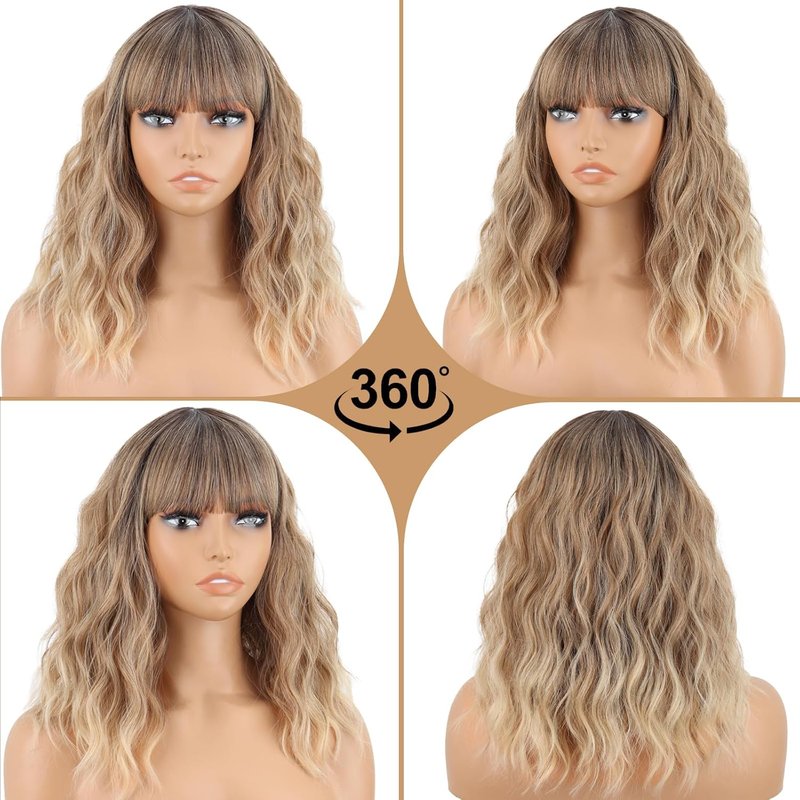 Blonde Wavy Wig for Women - Natural-Looking Synthetic Bob with Bangs | Heat-Resistant Curly Ombre Hair for Cosplay