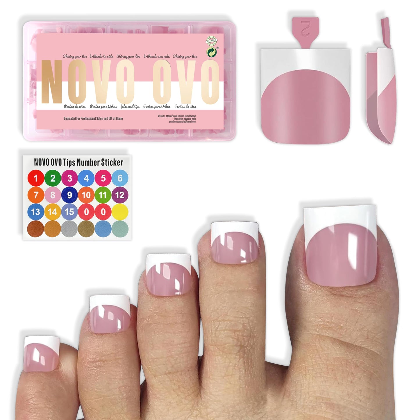 NOVO OVO Press on Toenails, Toe Nail Press ons for Women, White French Tip Sharp Square Pre-Designed Soft Gel Thick False Toenail Extension, BERRY PINK Full Cover Acrylic for DIY x 15 Sizes 150 pcs