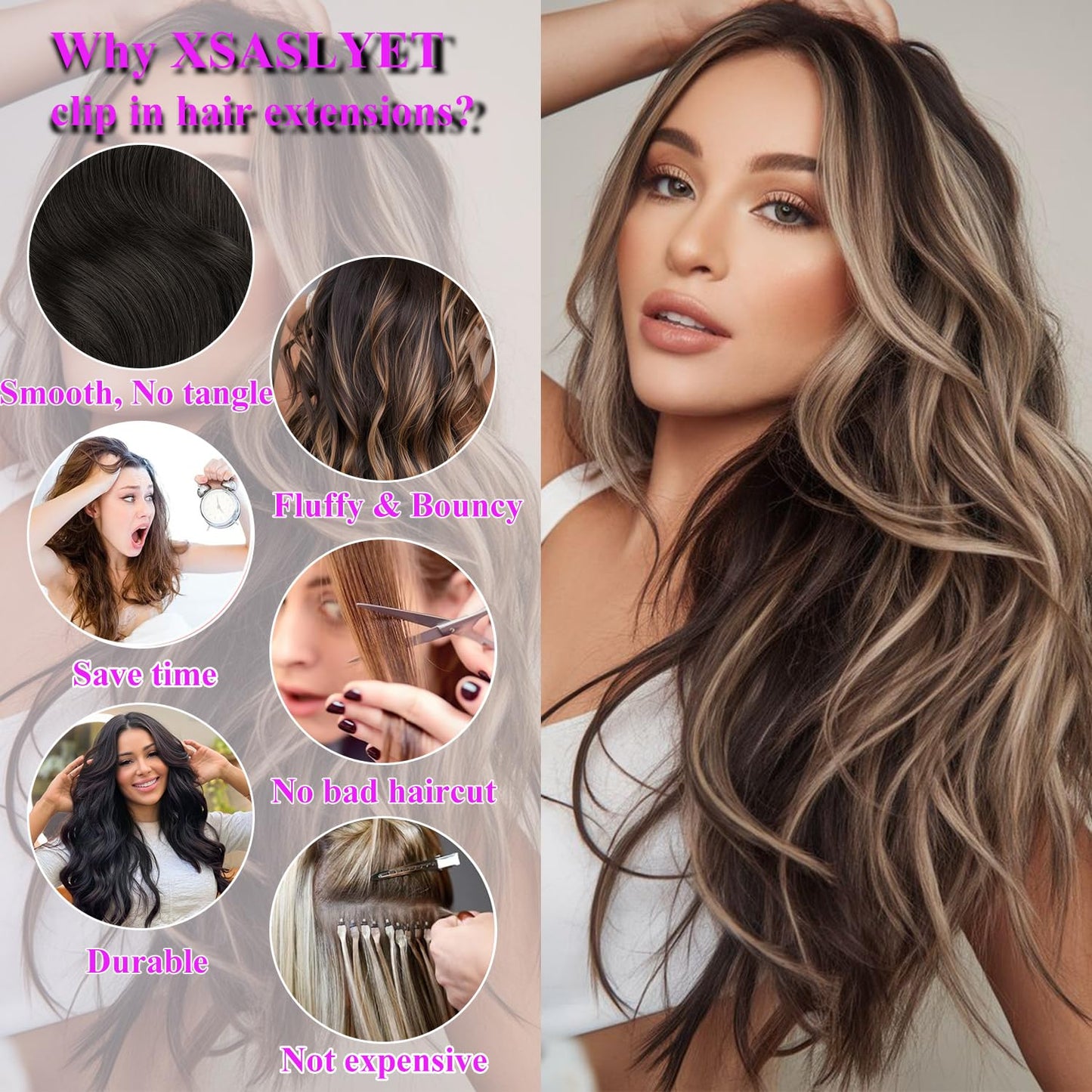 XSASLYET Clip in Hair Extensions 4 Pcs, 20 Inch, P27/30/33