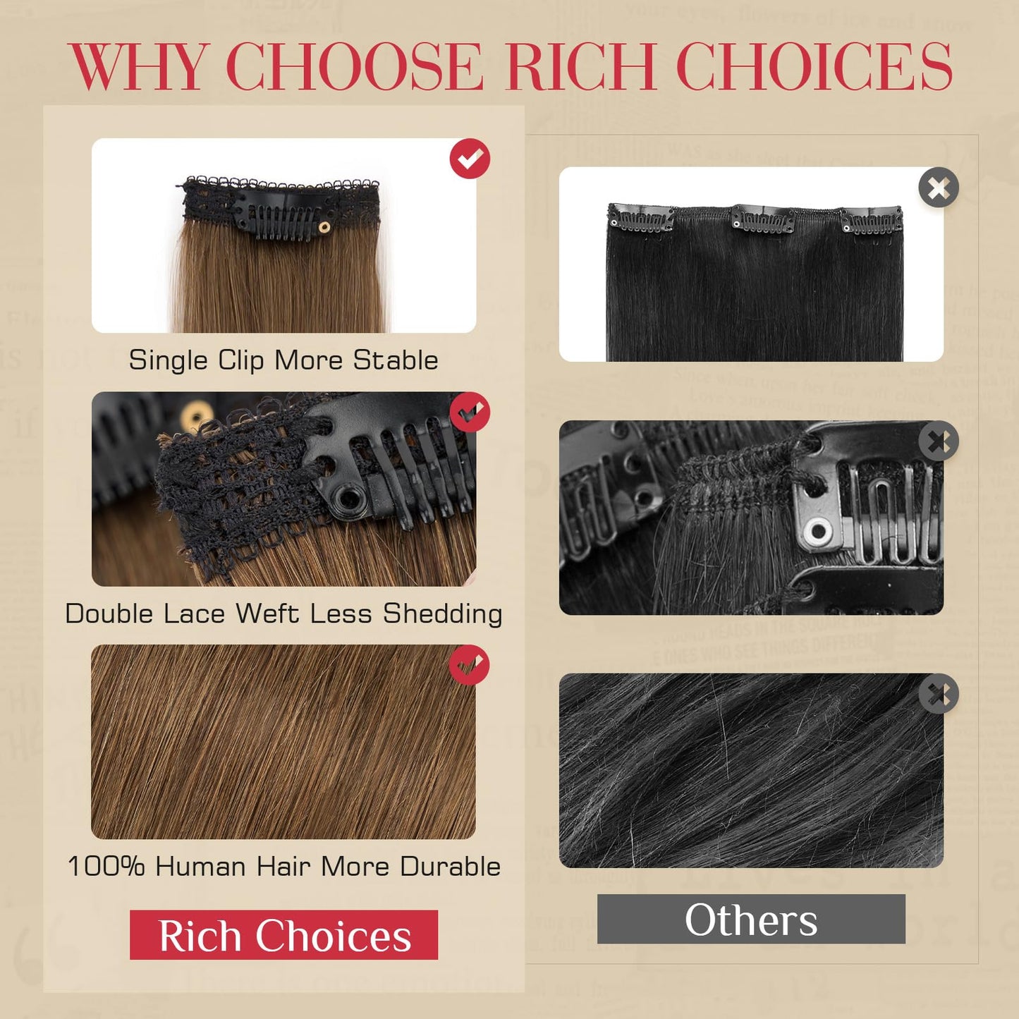 Rich Choices Real Human Hair Clip In Extensions-6 Pcs Single Clip Design-100% Remy Hairs Invisible Clip in Extensions for Thin Short Hair-Seamless Hairpieces for Women/Men-12 Inches #4 Medium Brown