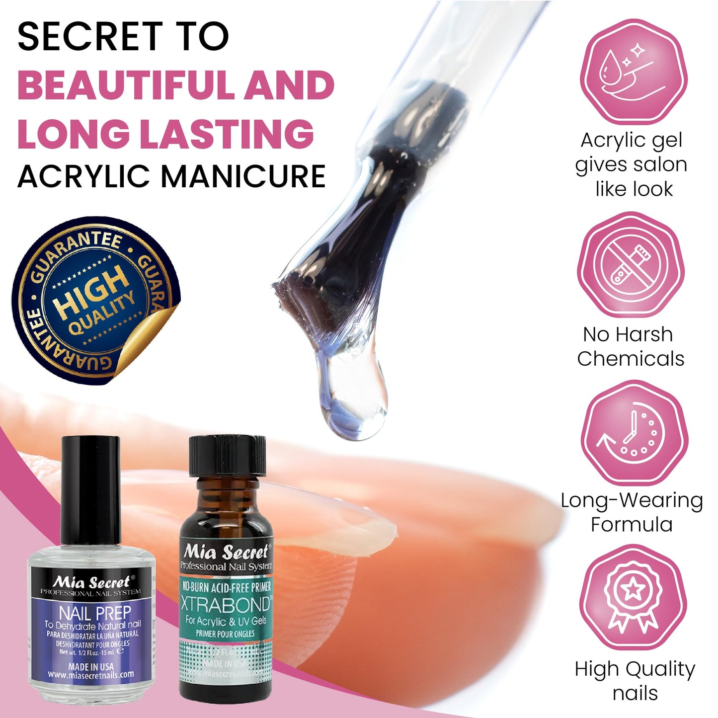 MIA SECRET Pink Acrylic Nail Kit - Full Kit With Powder, Liquid Monomer, Primer, Glue, Top Coat, 20 Nail Tips, Brush, Emery Block, File