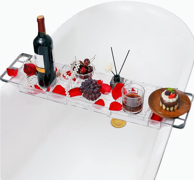 Expandable Bath Tray with Wine & Book Holder - Clear Acrylic Bathtub Caddy | Perfect Gift for Women