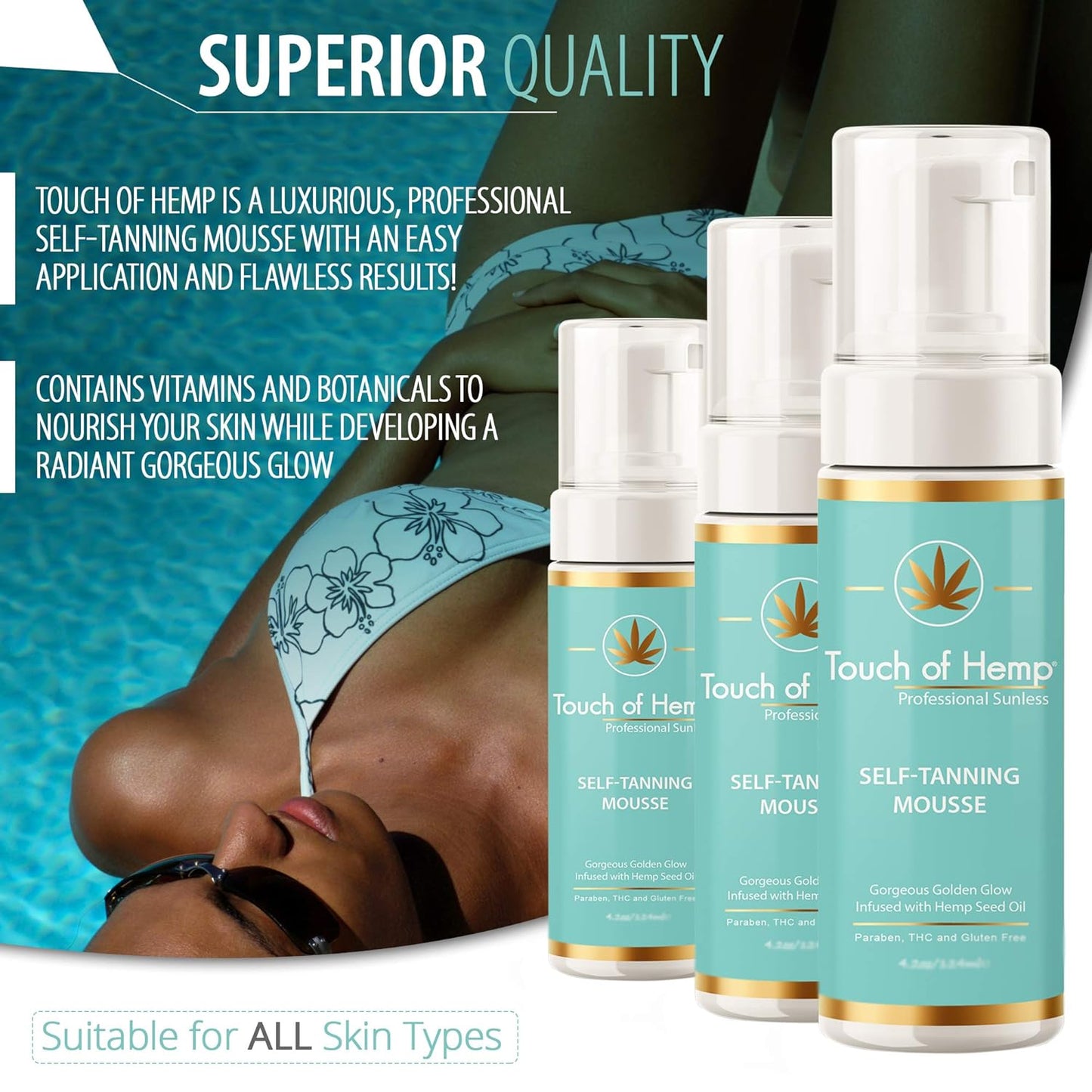 Touch of Hemp Self-Tanning Mousse - Streak-Free Foam for Instant Golden Tan | Quick-Drying Professional Formula