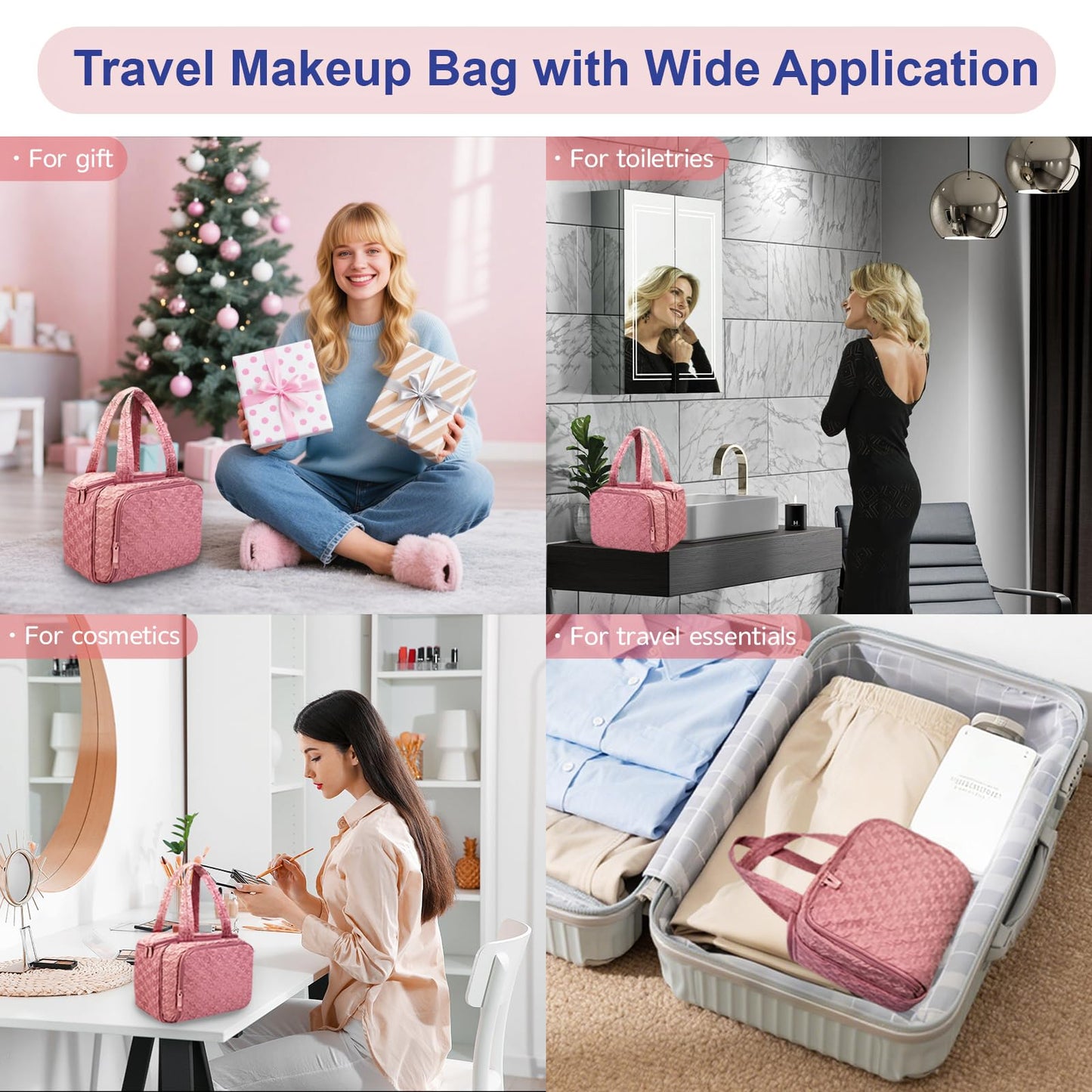 SMONT Toiletry Bag for Traveling Women, 11.5" Large Travel Makeup Toiletries Skincare Bag, Big Cosmetic Cosmetiquera Pink