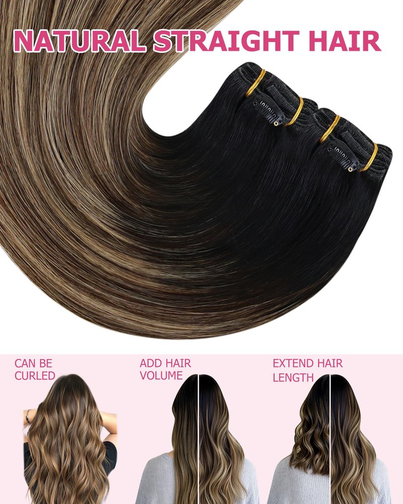 YoungSee 18 Inch Ombre Clip in Hair Extensions 120G Balayage Clip in Human Hair Extensions Natural Black Ombre Dark Brown Mix Blonde, Can Be Heat-styled Clip ins Extensions for Women At Home 7Pcs
