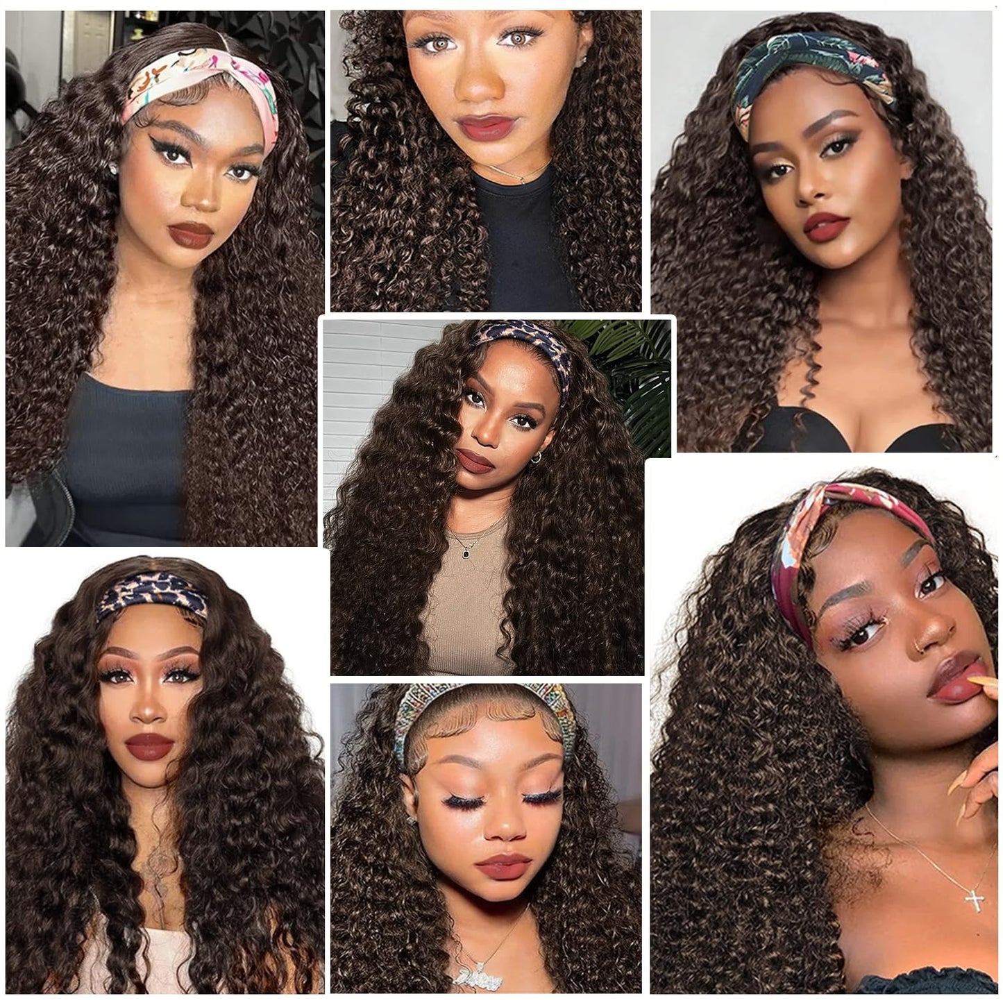 Headband Wig - Human Hair Deep Wave Half Wig | Glueless Brazilian Curly Wig for Black Women - 12 Inch, Chocolate Brown