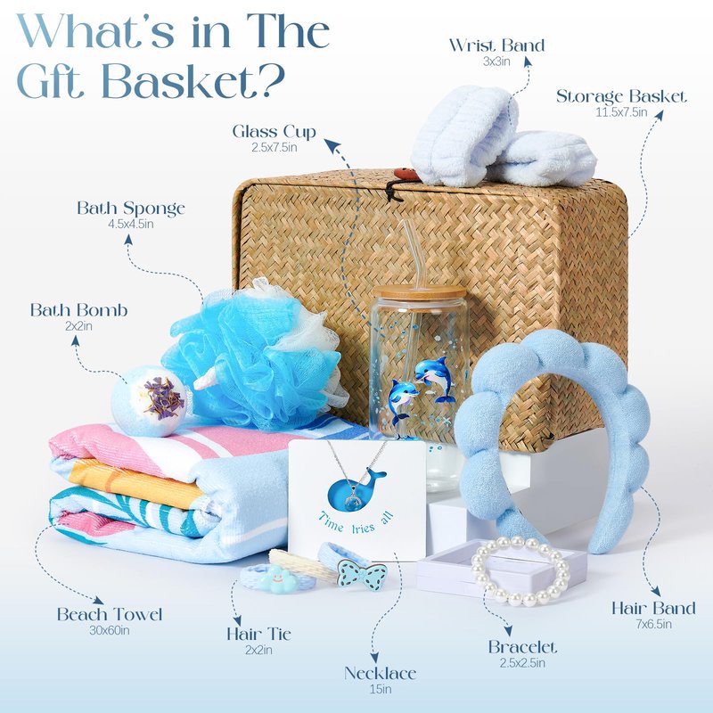Golray Beach Gifts for Women, Self Care Spa Gift Set for Women with Beach Towel, Glass Cup, Bath Bombs & Hair Accessories, Christmas Blue Gift Basket for Her, Girlfriend, Sister, Mom, Friends