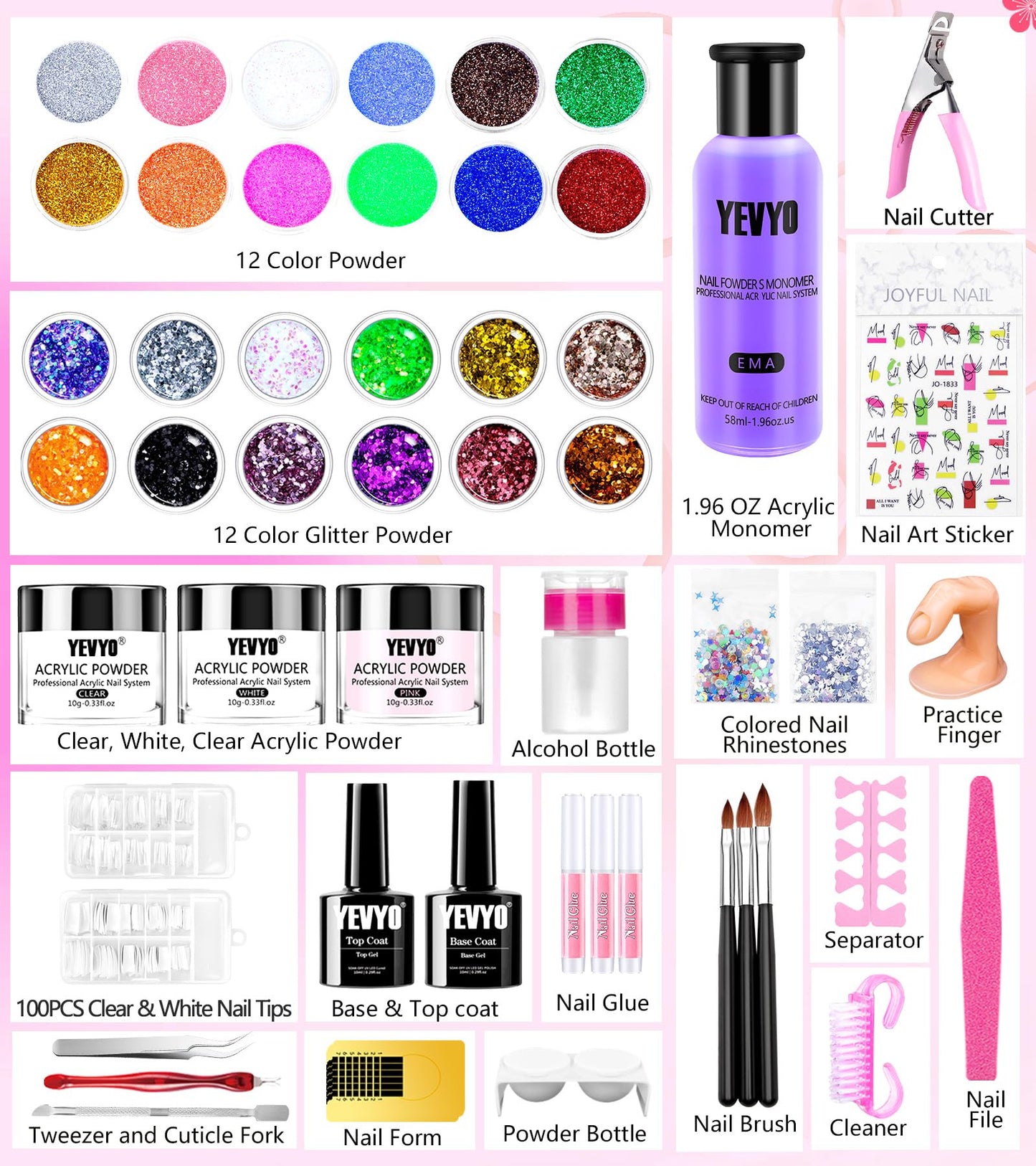 YEVYO Acrylic Nail Kit, 24 Color Glitter Acrylic Powder Monomer Liquid Set, Nail Kit Set Professional with Everything Acrylic Brushes and 200 Pcs Nail Tips for Extension Beginner