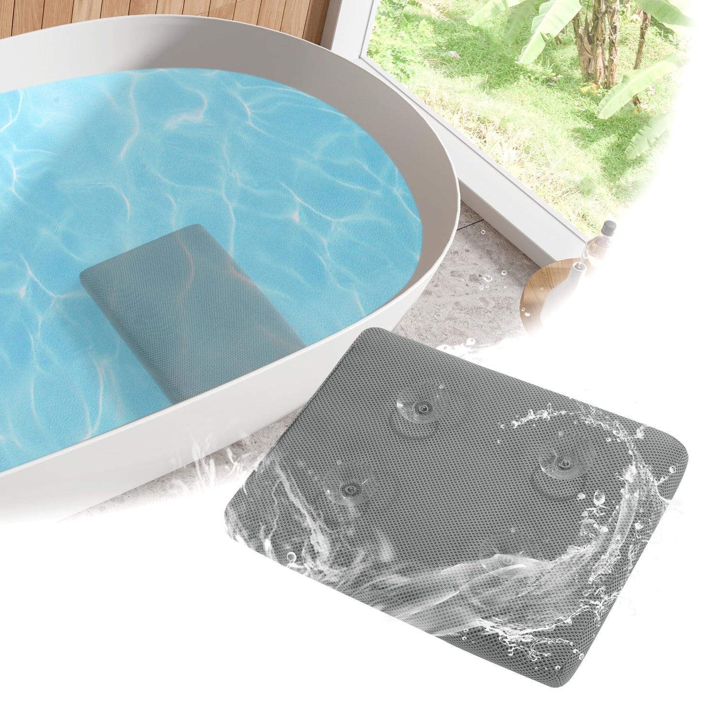 MABOZOO Bath Cushion for Tub with Powerful 4 Non-Slip Suction Cups,Quick Dry Mesh Bathtub Mat,Spa Pillow Bath Accessories for Adults Indoor Outdoor (Gray)