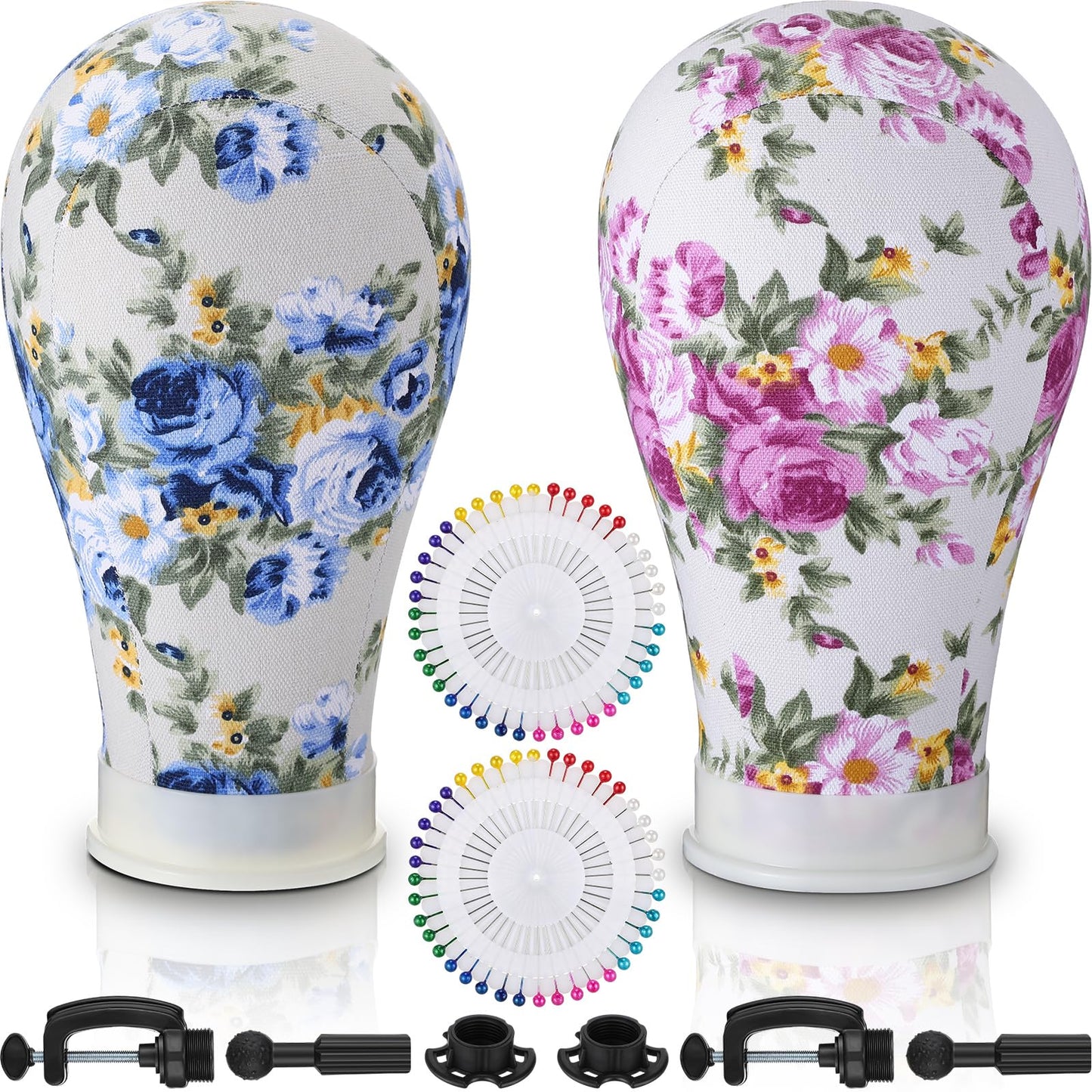 DoubleFill 2-Piece Mannequin Heads for Wigs - 22 Inch Canvas Wig Heads with Mount Hole Pins & 2 C Clamp Stand Holder for Lace Wig Making & Display (Floral)