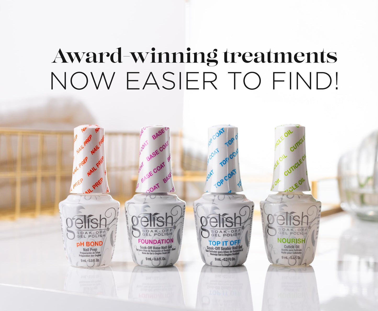 Gelish MINI Fantastic Four Kit – 9mL Each pH Bond Nail Prep, Foundation Base Gel, Top It Off Sealer Gel & Nourish Cuticle Oil – Professional Manicure Essentials