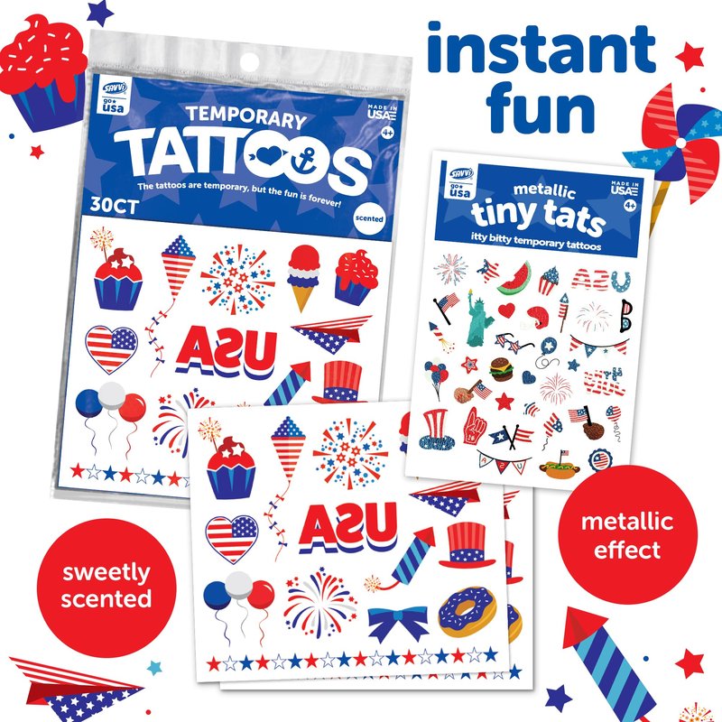 Fourth of July - America Temporary Tattoos, American Flag Arm Sleeve Tattoos & Freckle Tattoos, Red White and Blue Arm Stickers, 4th of July, USA Party Favors (Fourth of July 95pk)
