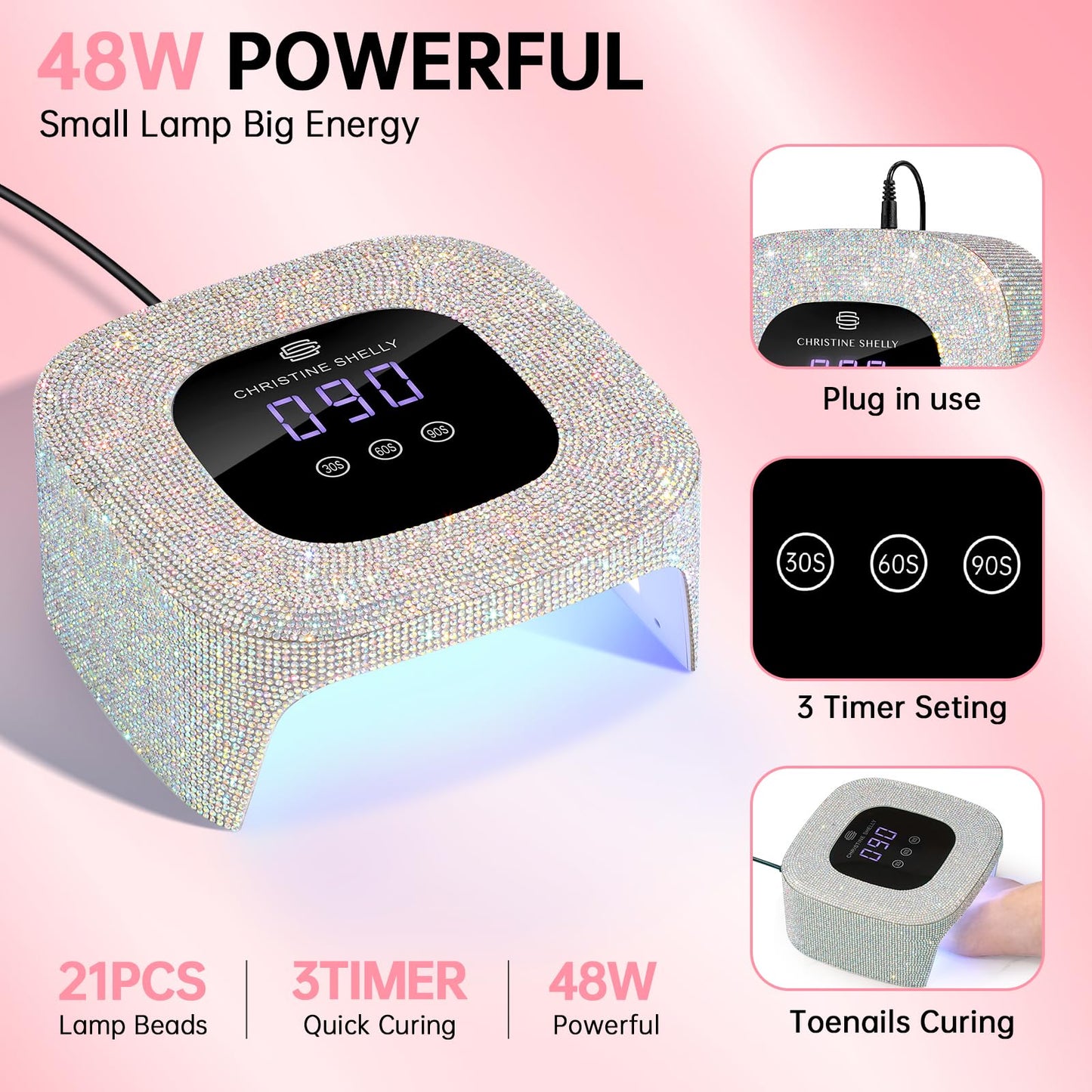 CHRISTINE SHELLY UV Nail Lamp, UV Light for Gel Nails,48W Plug-in Mini Diamond Nail Lamp Nail Dryer with Touch Control Auto Sensor and 3 Timer Settings Nail Light Portable Curing Lamp (AB Diamond)