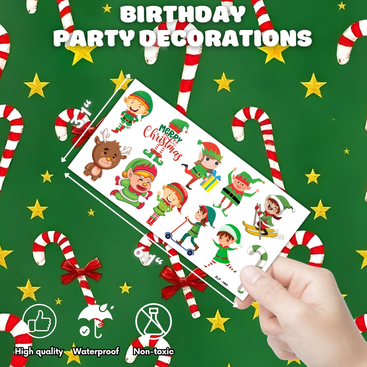 96PCS Elf Chritsmas Temporary Tattoos Winter Themed Birthday Party Decorations Supplies Favors Merry Xmas Snowflake Snowman Tattoo Stickers Gifts For Boys Girls Kids School Prizes Carnival Holiday