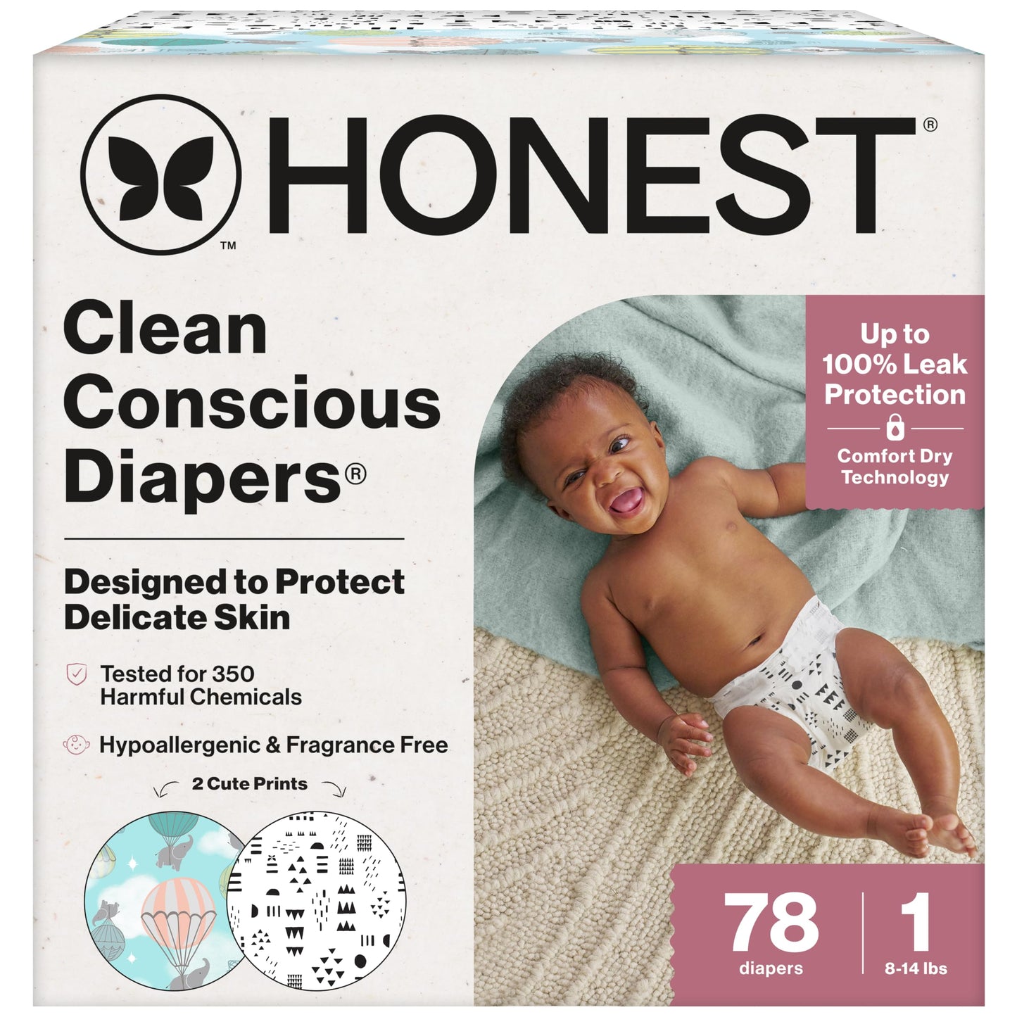 The Honest Company Comfort Dry Disposable Daytime Diapers, Hypoallergenic, Fragrance-Free, Sensitive Skin, Above It All + Pattern Play, Club Box Size 1 (8–14 lbs), 78 Count