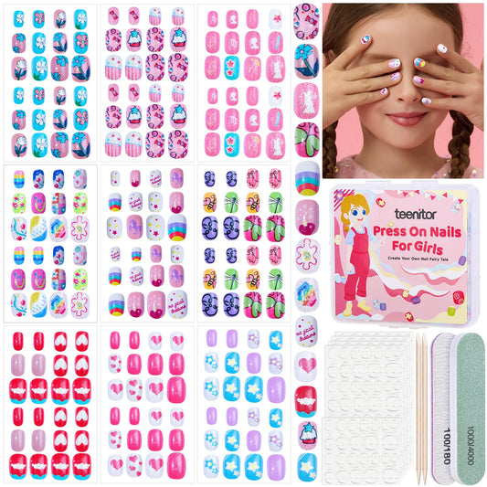 Teenitor 216pcs Kids Press On Nails for Girls, 9 Styles of 8-12 Years Girls Press On Nails for Kids, Full Cover Fake Nails for Little Girl, Short Acrylic Nails Set