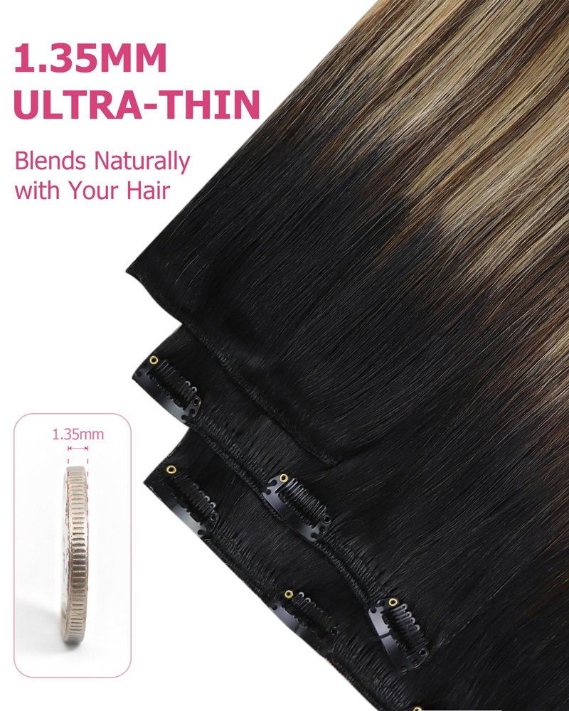 YoungSee 18 Inch Ombre Clip in Hair Extensions 120G Balayage Clip in Human Hair Extensions Natural Black Ombre Dark Brown Mix Blonde, Can Be Heat-styled Clip ins Extensions for Women At Home 7Pcs