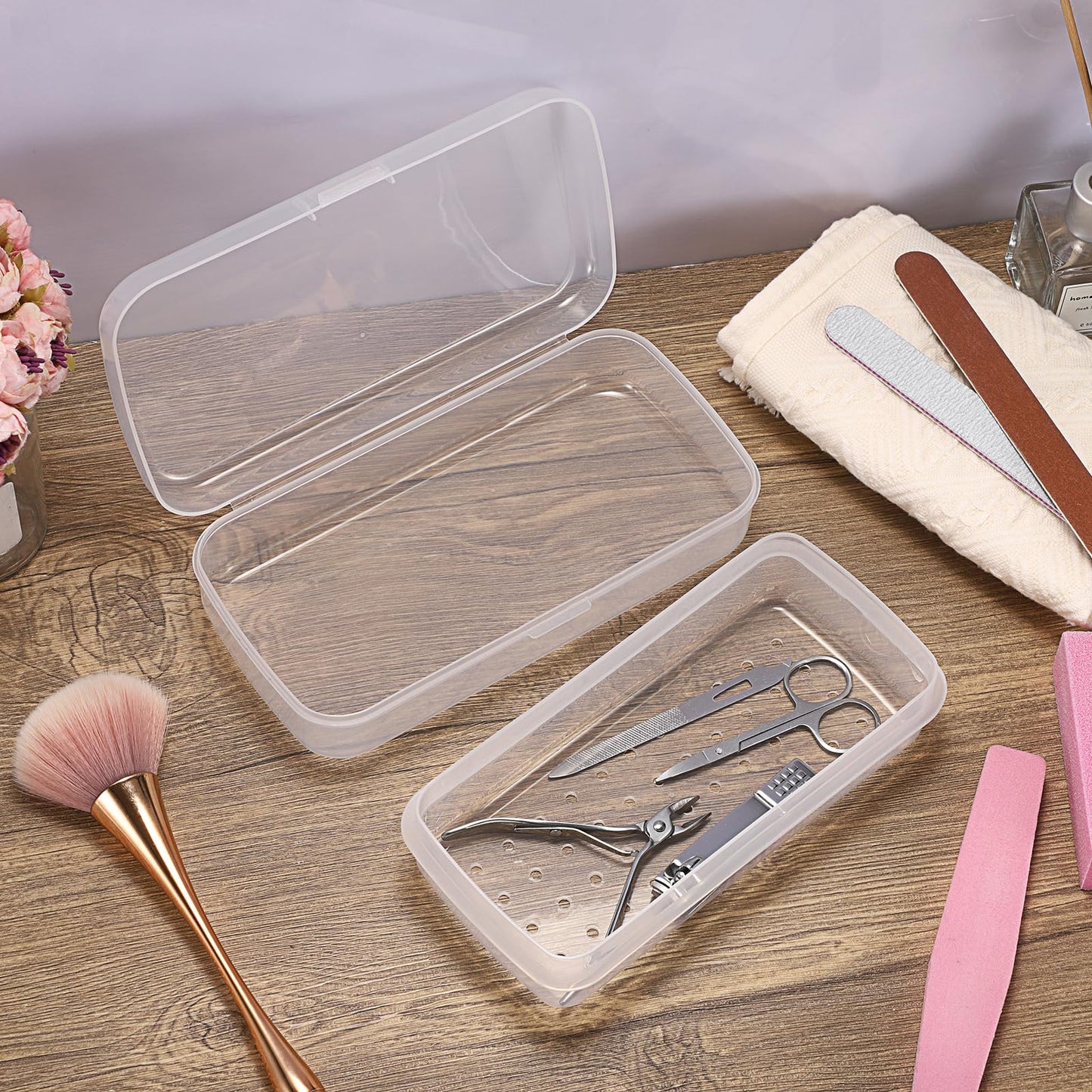 JUXYES 2 PCS Plastic Sterilizing Tray for Nail Art Accessories Tools, Portable Nail Art Tool Sterilizer Tray with Strainer, Fully Transparent Storage Box Organizer for Tweezer Manicure Tools