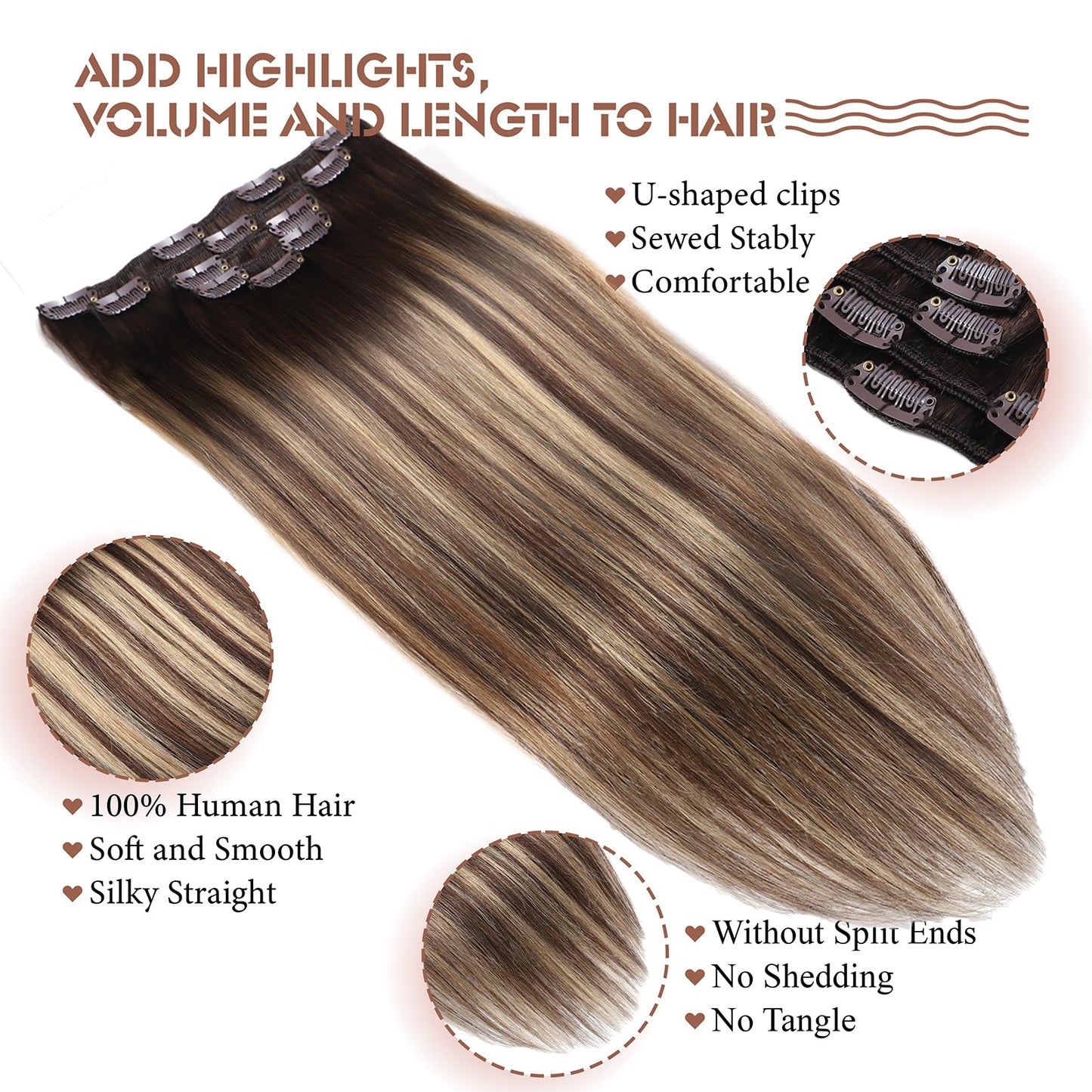 Clip in Hair Extension Real Human Hair Balayage Clip in Extensions for Women 80g/5pcs Balayage Chocolate Brown to Caramel Blonde Human Hair Extensions Clip ins 14 Inch Gift