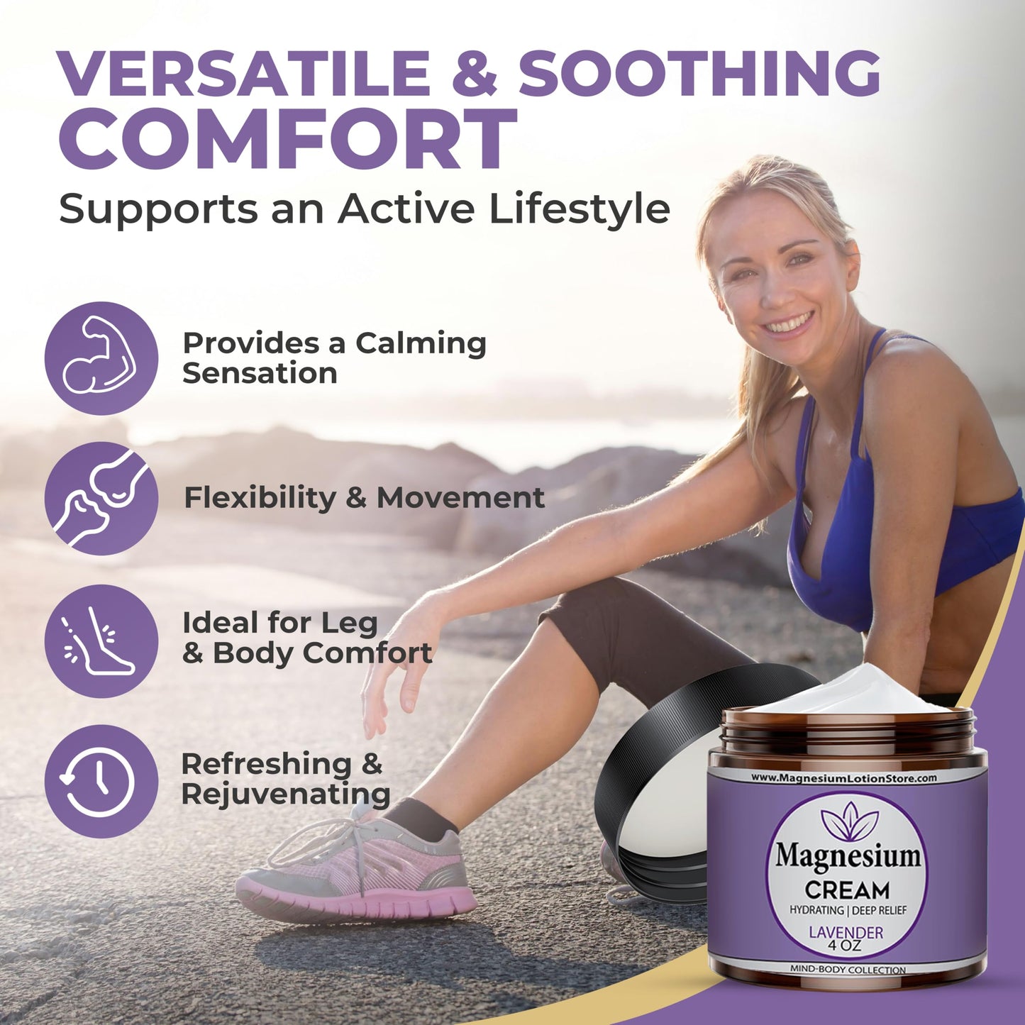 Magnesium Cream for Sleep, Kids, Muscle Soreness & Cramps Relief with Shea Butter, Coconut Oil, Aloe, Vitamin E - Topical Magnesium Cream for Calm & Relaxation - Lavender - 4fl oz - USA Made