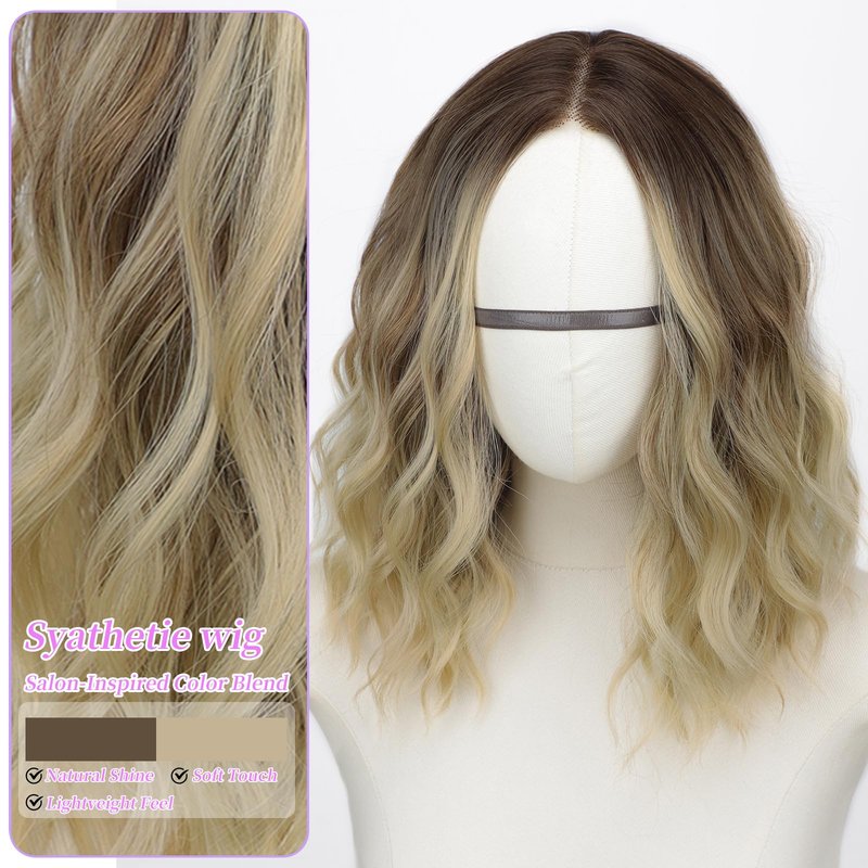 AISI HAIR 14 Inch Ombre Blonde Wigs for Women - Shoulder Length Wave Wig with Pre-Cut Lace Hairline, Middle Part Natural Wavy Bob Synthetic Heat Resistant Fiber for Daily and Party