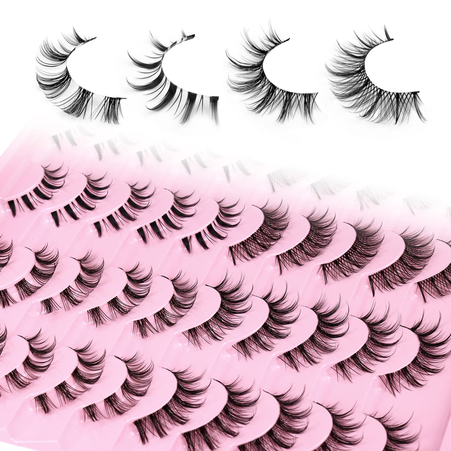 Manga Lashes Natural Look Anime False Eyelashes 20 Pairs Clear Band Individual Wispy Fake Eyelashes Strip Spiky DIY Cluster Lashes Extension C-curly Cat Eye Lashes Pack