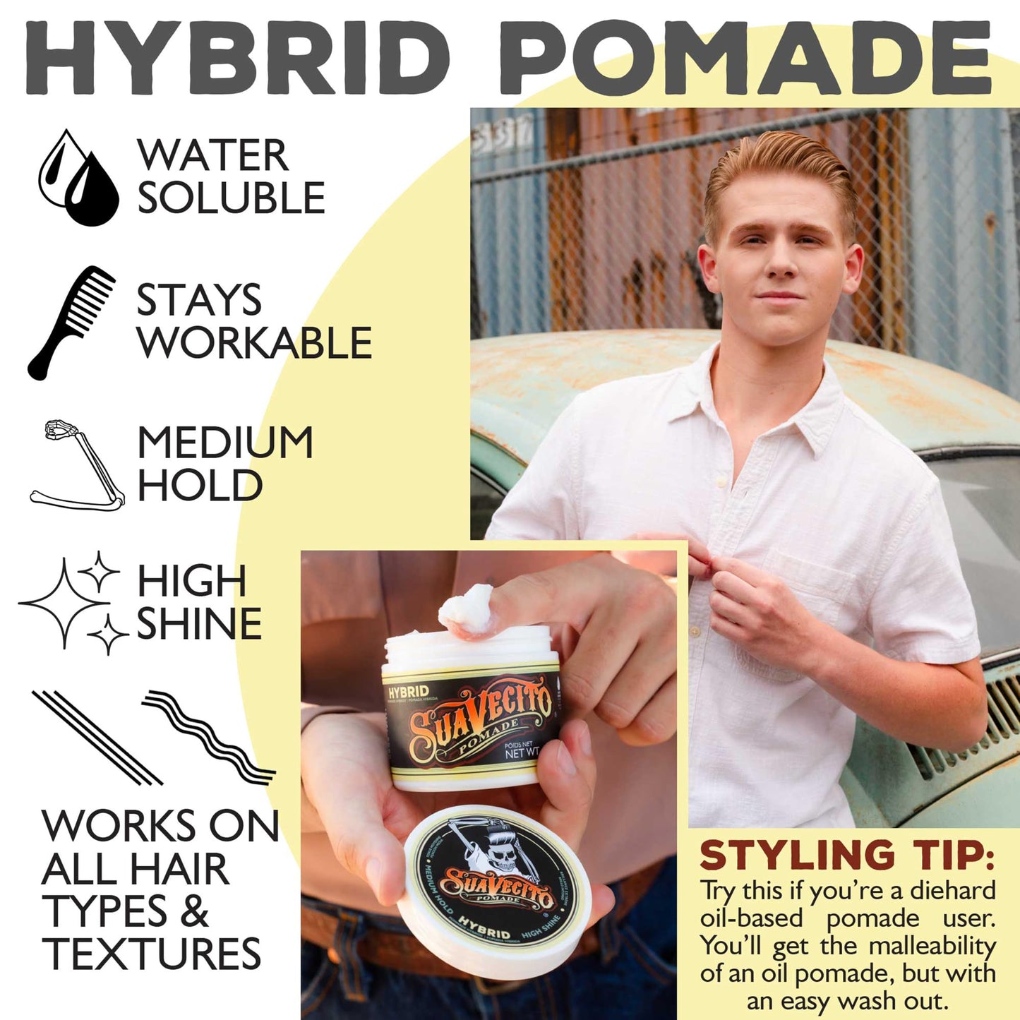 Suavecito Hybrid Pomade For Men - Medium Hold - High Shine - Oil & Water Based Formula - Easy To Wash Out - 4 oz