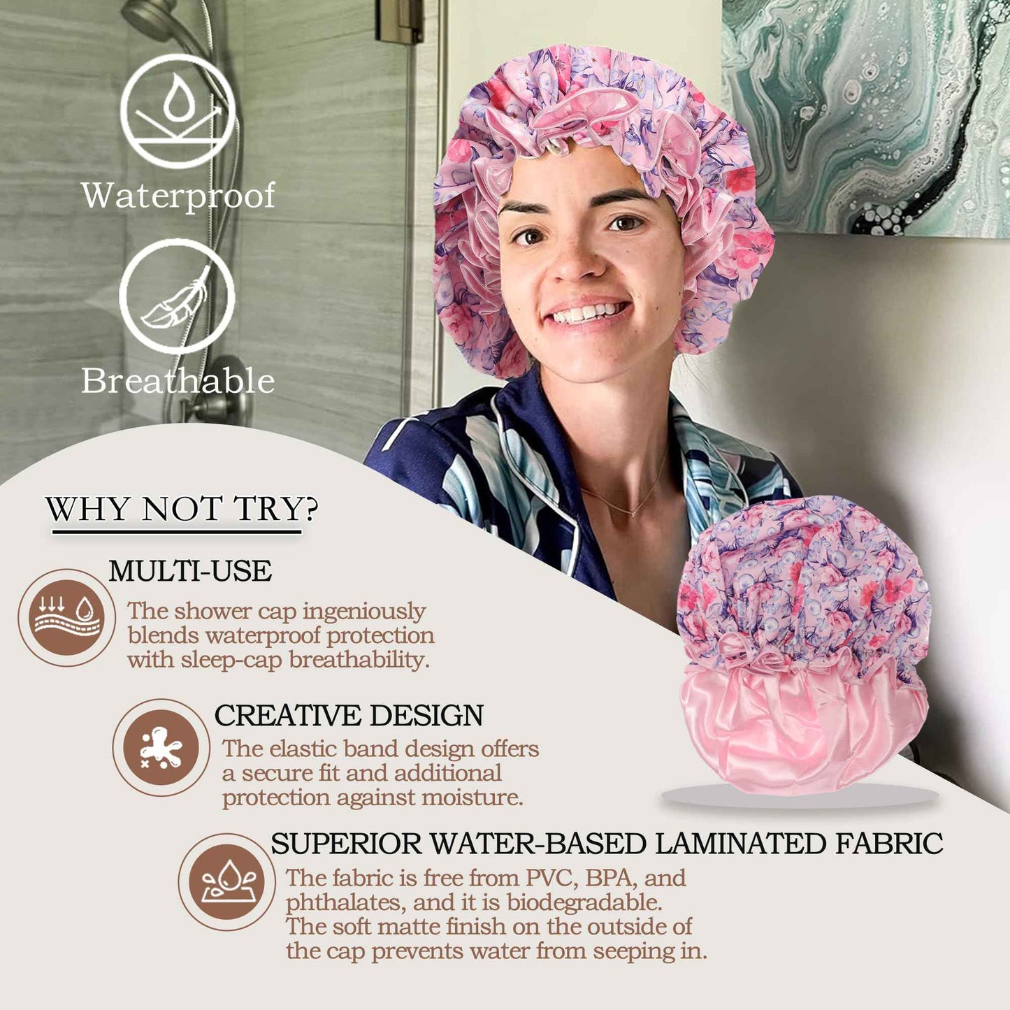 Luxury Shower Cap for Women Reusable Waterproof, 2 PCS Extra Large Double Layered Shower Caps for Long Hair with Adjustable Elastic Strap, Large Satin Lined Shower Bath Cap for All Hair Lengths