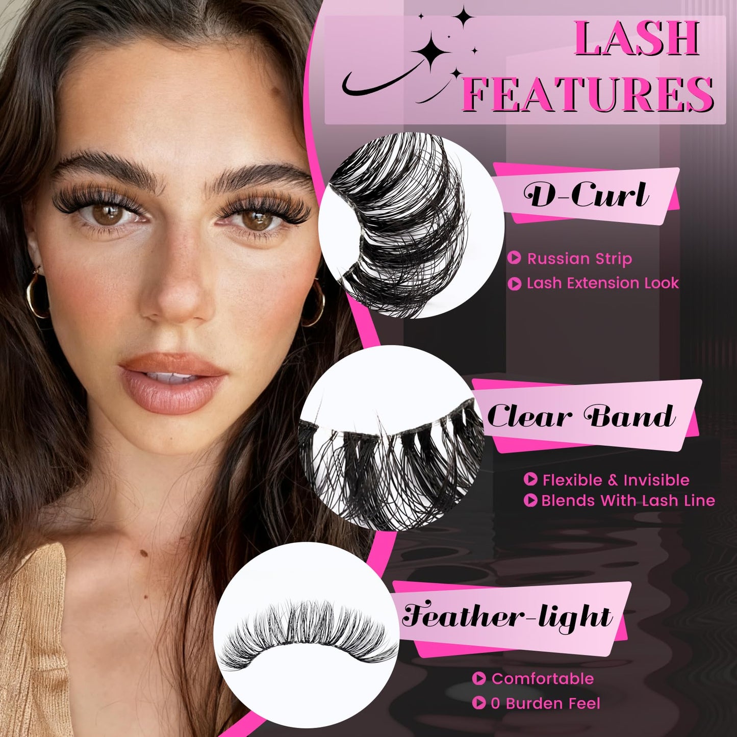 Veleasha Lashes Russian Strip Lashes Eyelashes with Clear Band Looks Like Eyelash Extensions D Curl Lash Strips 10 Pairs Pack (DT01)