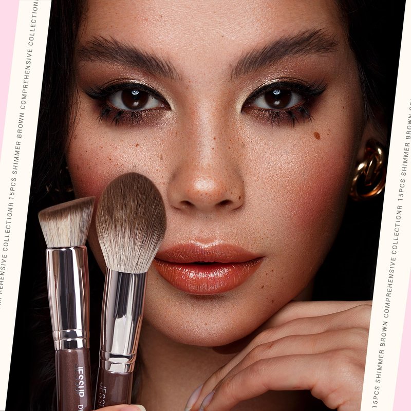 Jessup Makeup Brushes Set 15pcs Brown Make up Brushes Set Professional Premium Synthetic Foundation Eyebrow Concealer Blush Eyeshadow Contour Eyeliner Powder Blending Highlighter Brush, T498