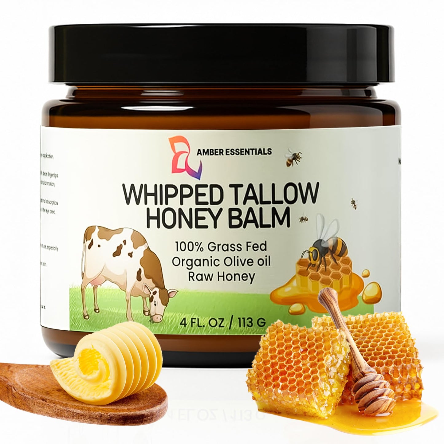 AMBER ESSENTIALS Organic Grass-Fed Beef Tallow and Honey Balm | All-Natural Moisturizer with Raw Honey & Olive Oil | Face + Body Cream for Dry, Sensitive Skin, Anti-Aging, Cracks, Acne-Prone Skin 4oz
