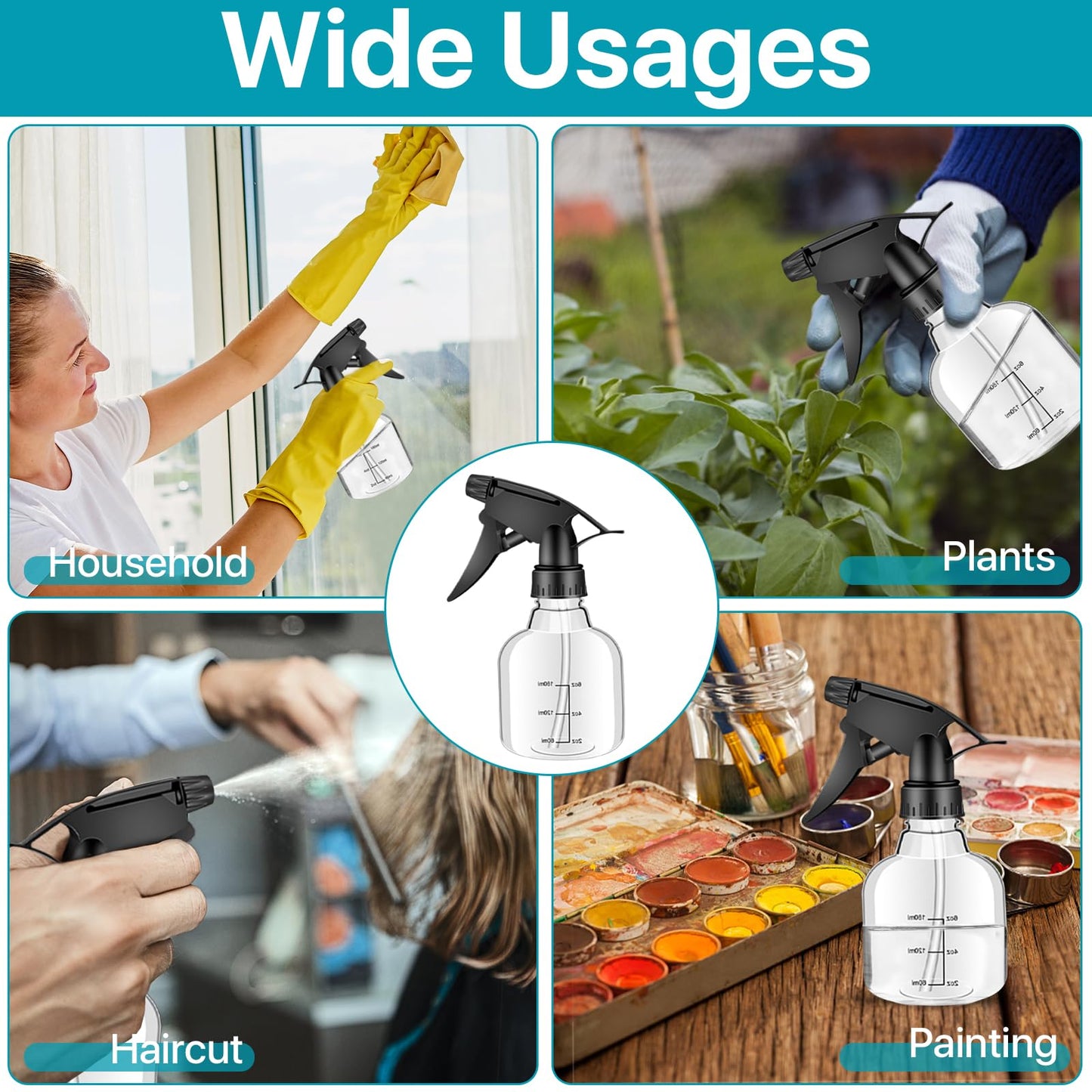 Worldity 24 Pack 8 oz Small Spray Bottle, Refillable Empty Spray Bottles with Measurement and Adjustable Nozzle, Spray Bottle for Hair, Cleaning, Plants, Kitchen, Bathroom, Salon & Home Use