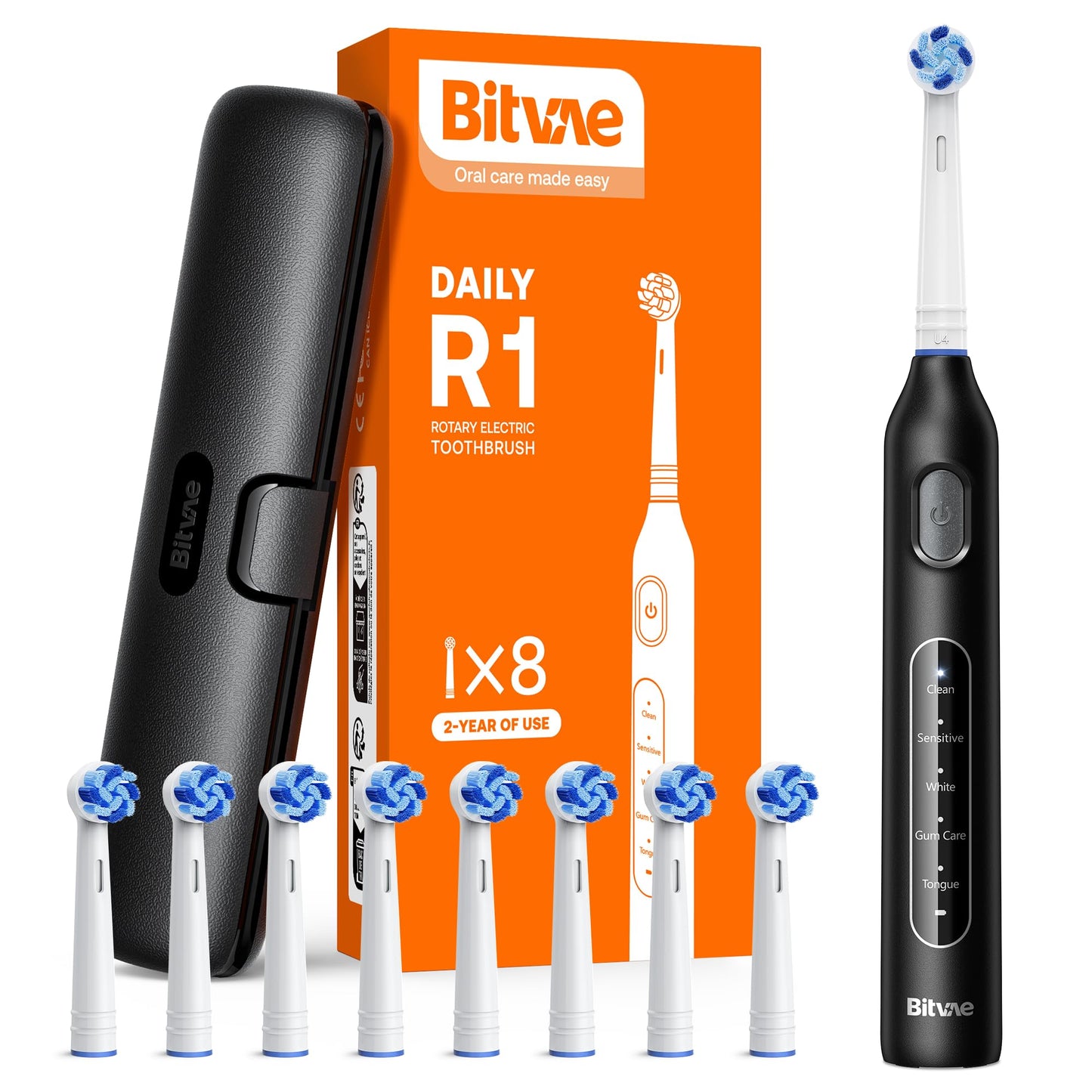 Bitvae Rotating Electric Toothbrush 2 Packs for Adults with Pressure Sensor, Gifts for Men/Women, 5 Modes Rechargeable Power Toothbrush with 8 Brush Heads, Black & White, R2