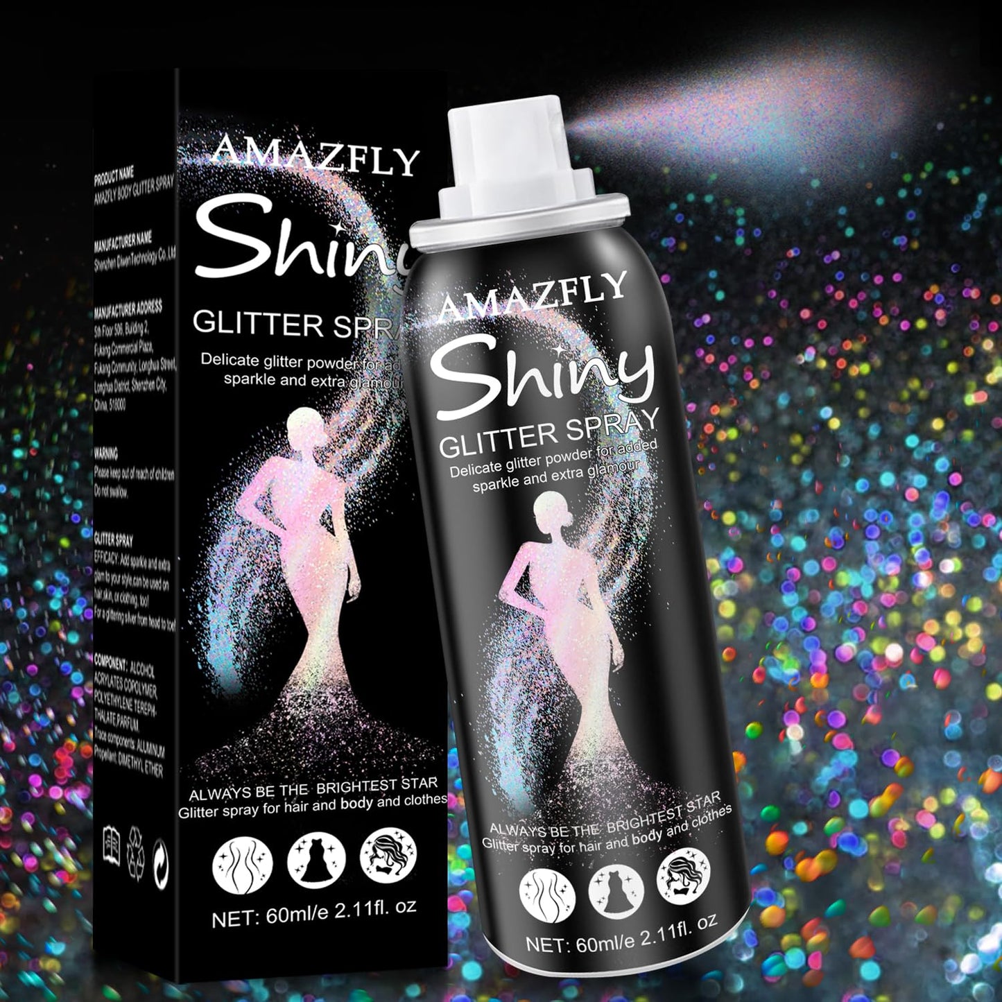 Hair and Body Glitter Spray, Aerosol Glitter Spray for Hair and Body, Long-Lasting and Quick-Drying Silver Glitter Hairspray Suitable for Stage, Festival Rave and Makeup Prom (Rainy-Rainbow)