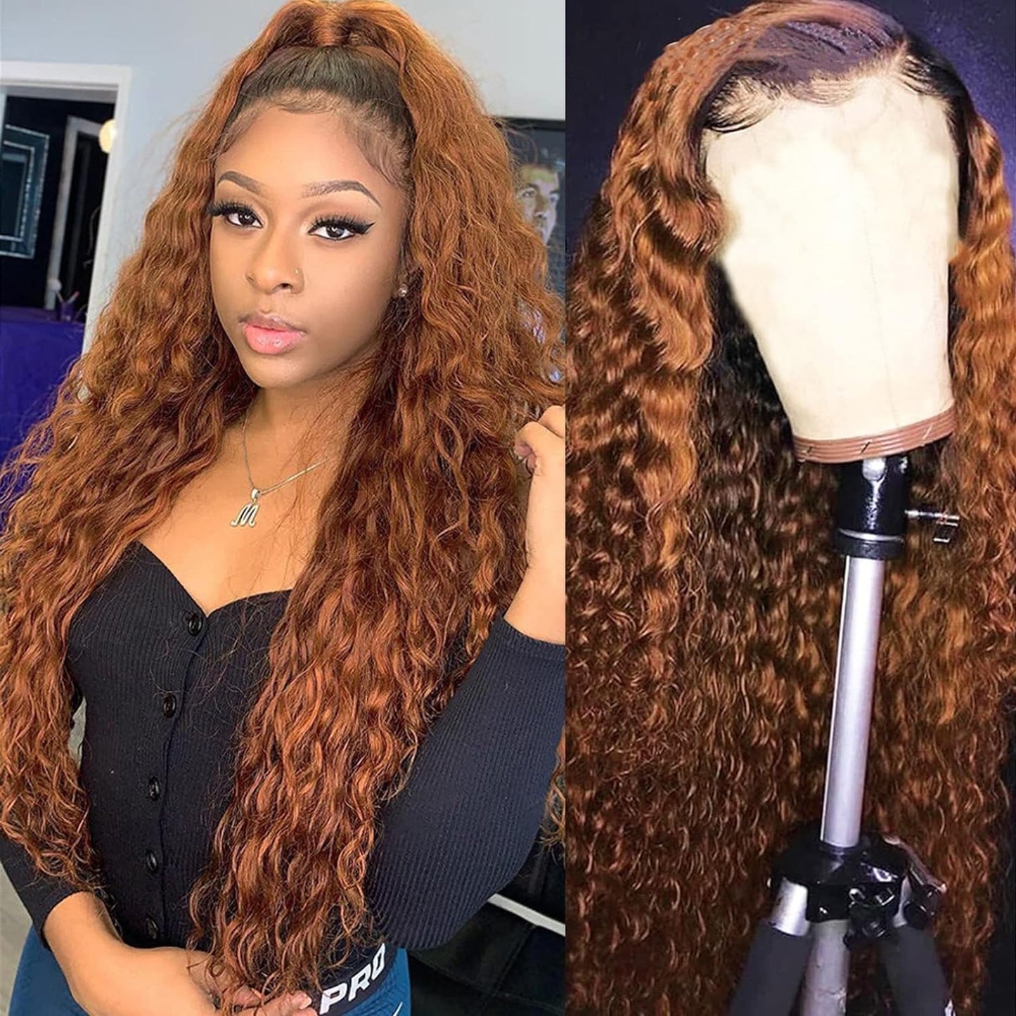 Labamiya Highlight Deep Wave Human Hair Wig 4x1 T Closure Glueless Wigs Human Hair Pre Plucked Pre Cut Lace Closure Glueless Wigs Elastic Band 200% Density P4/30 Honey Blonde Color