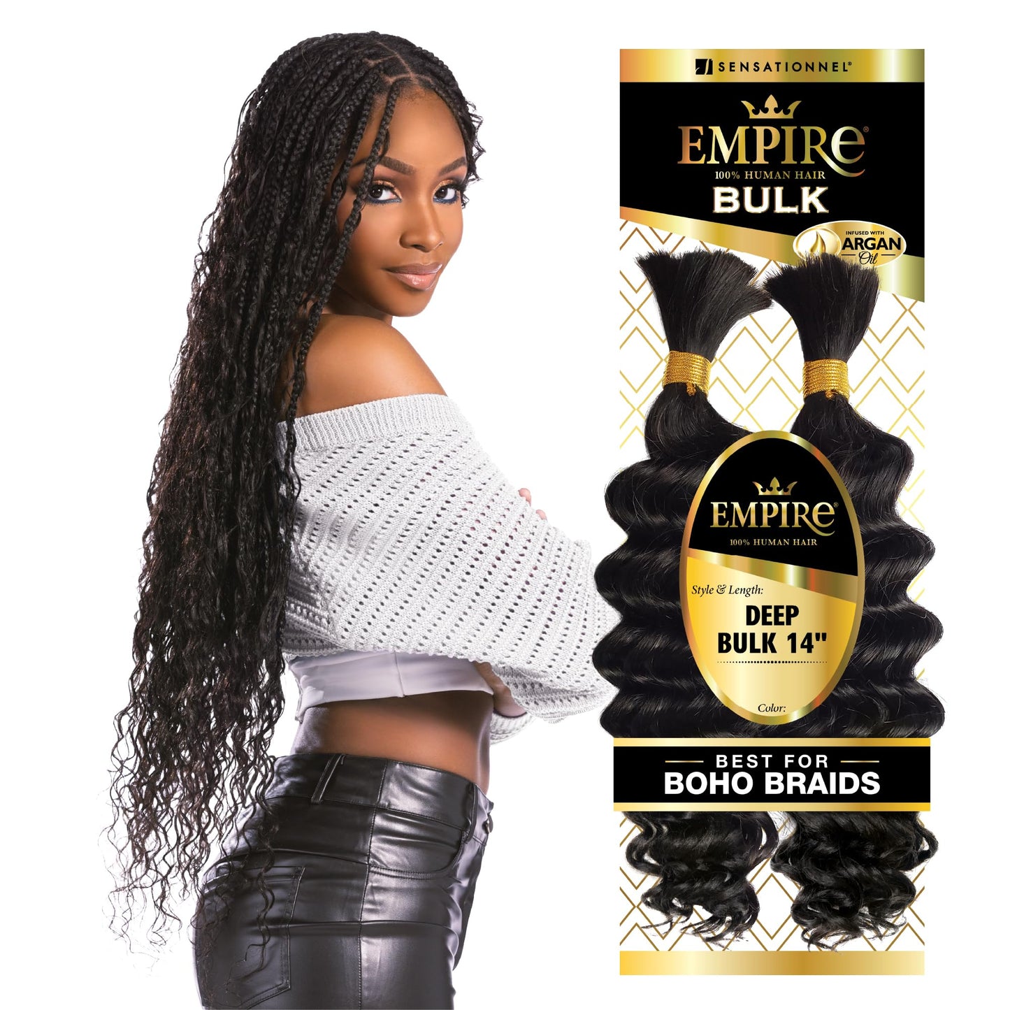 Sensationnel Empire Bulk Braiding – Deep Human Hair Braids for Knotless Boho Box or Curly Loose Wave Styles - 1 pack (14 inch, 1B OFFBLACK)