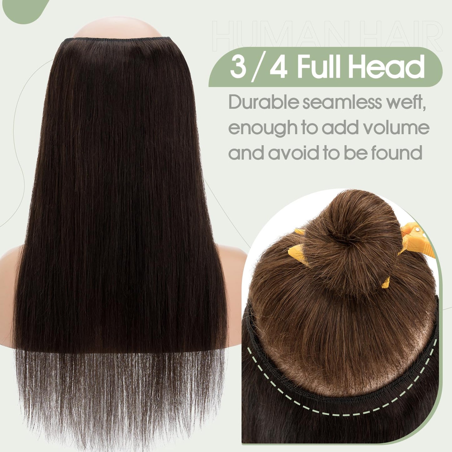 S-noilite Clip in Hair Extensions Human Hair 5 Clips 3/4 Full Head V Part Weft Thicker Hair Lace Net One Piece Hair Extensions Clip in Human Hair (12"-50g,#02 Dark Brown)