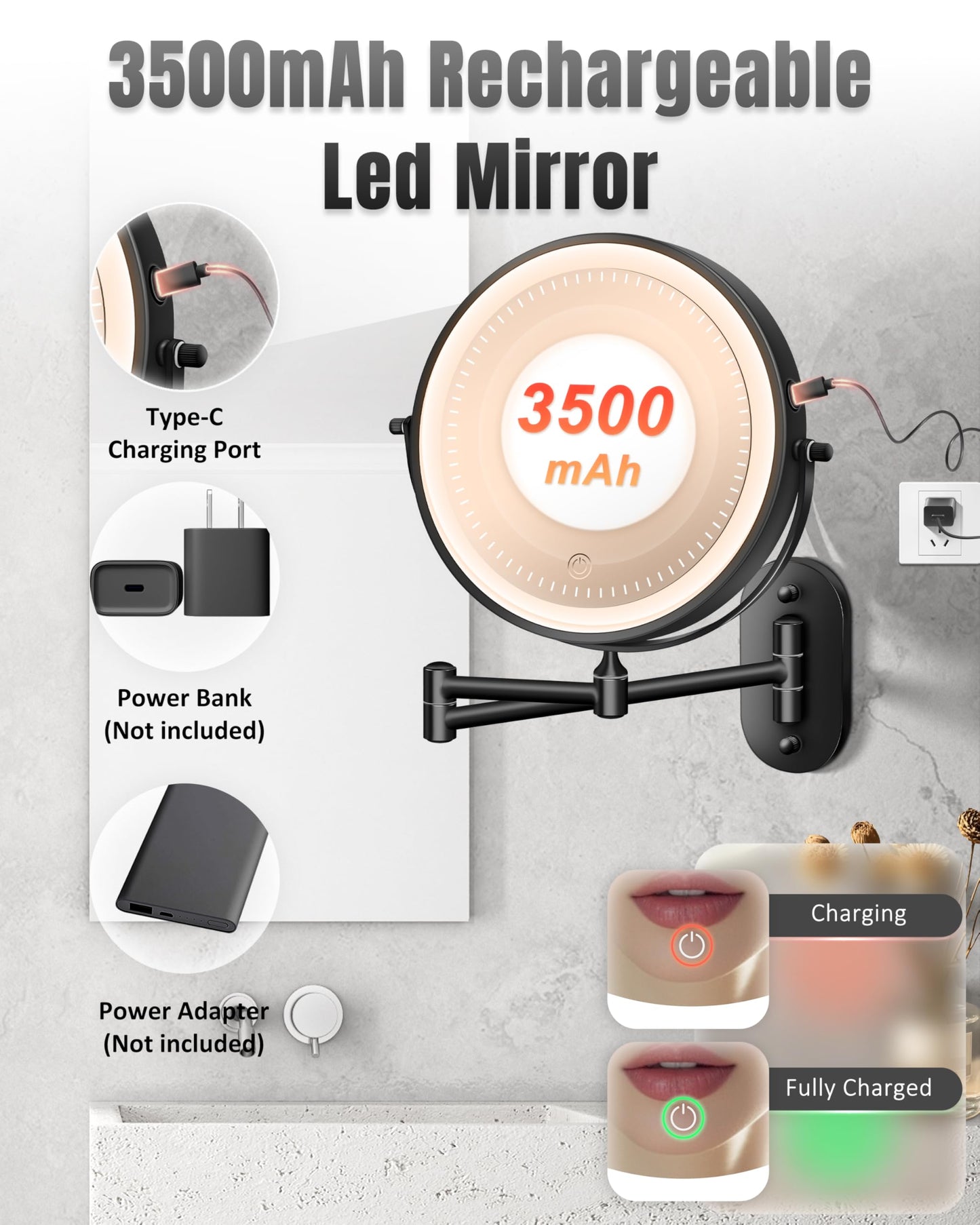 Wall Mounted Makeup Mirror with Light, 30X/1X 8'' Double Sided LED Magnifying Bathroom Lighted Vanity Mirror with Magnification, 3 Color Light up Touch Dimmable Extended Arm 360 Rotation