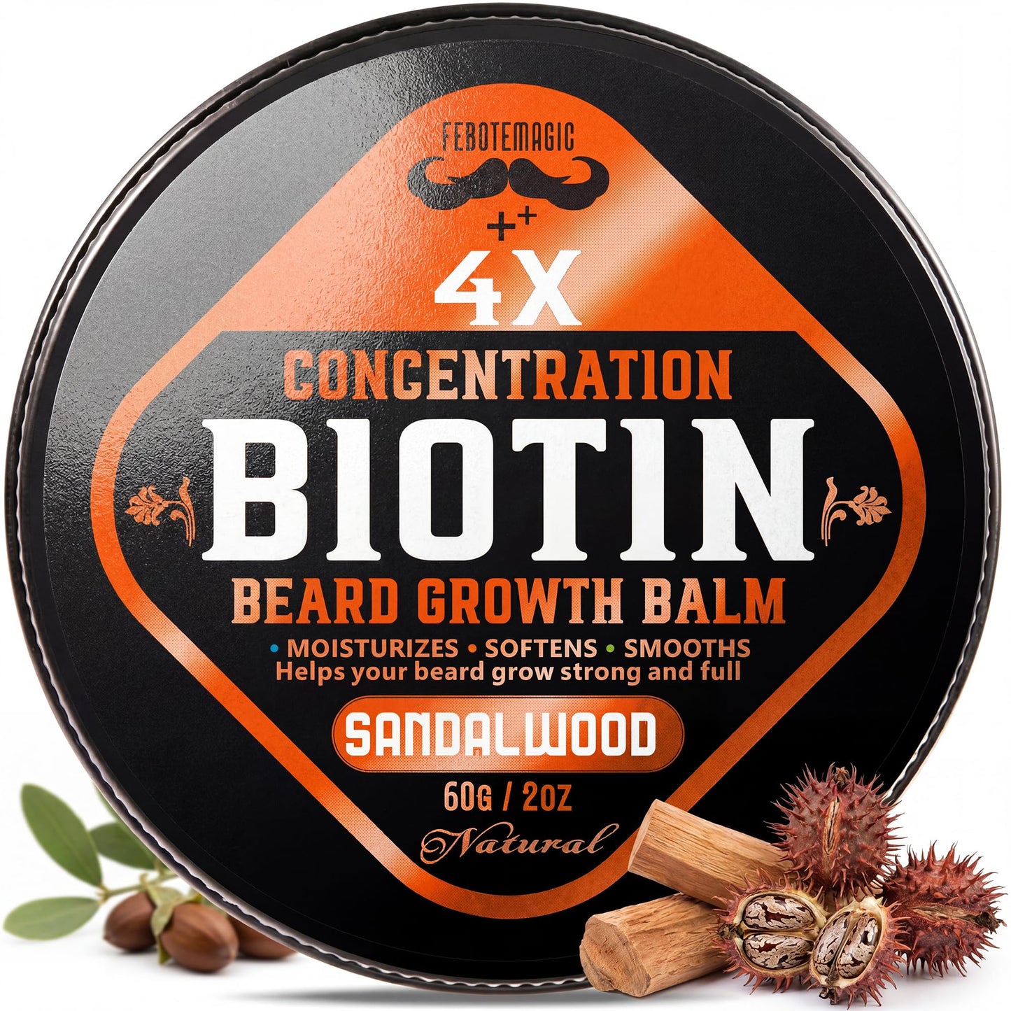 FEBOTE Biotin Beard Growth Balm for Men – Conditioning Balm with Castor, Shea & Jojoba Oils to Condition, Soften & Thicken Facial Hair – Non-Greasy, Sandalwood Scent – 2 oz Grooming Kit