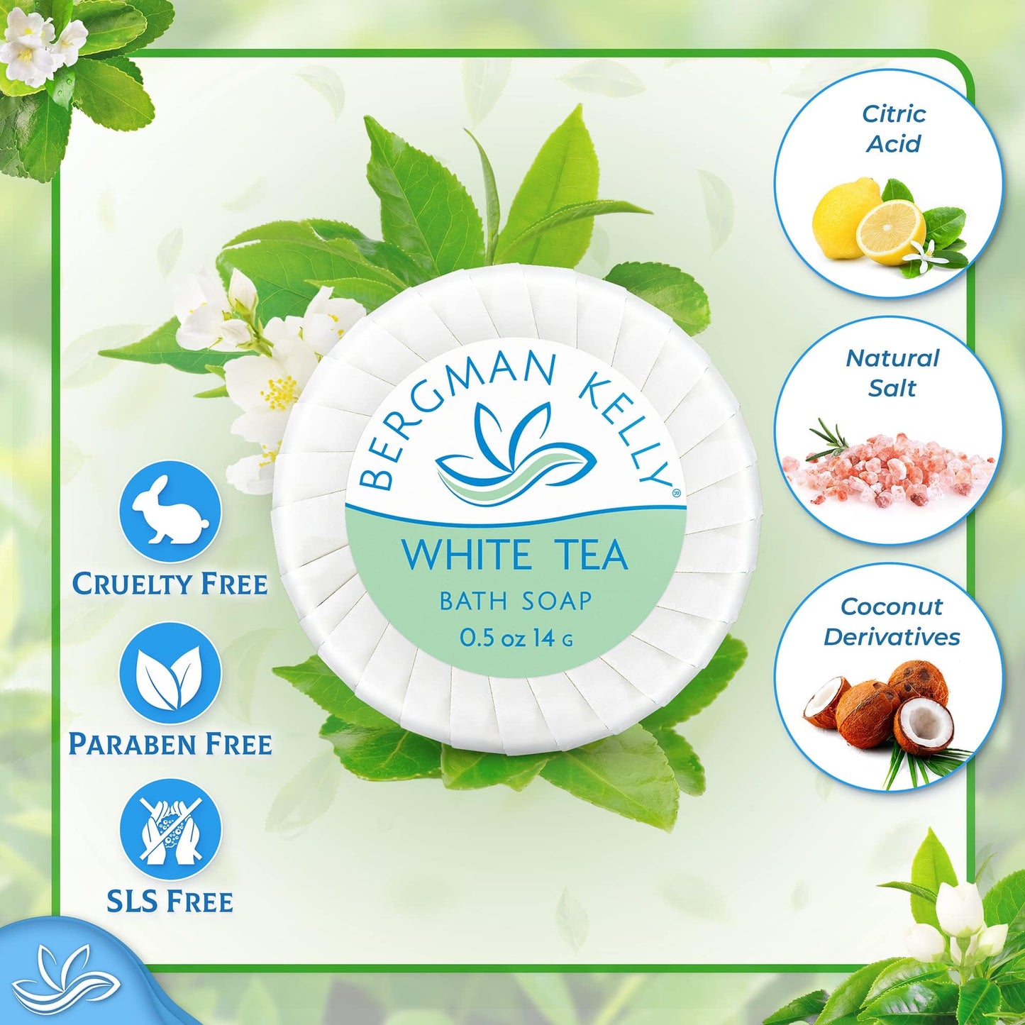 BERGMAN KELLY - Hotel Soap Bars - White Tea, 0.5 oz, 100 PK - Travel Size Luxury Bulk Amenities Bar Soap - Mini Individually Wrapped Round Soap - Small Toiletries for Airbnb, Motel, Guest Bathroom