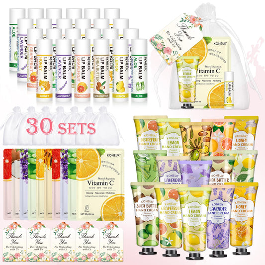 KONEUK 30 Pack Bulk Facial Mask, Bulk Hand Cream and Bulk Lip Balm Sets, Thank You Gifts, Teacher Appreciation Gifts, Wedding Favors and Bridal Shower Favors, Birthday Gifts for Guests