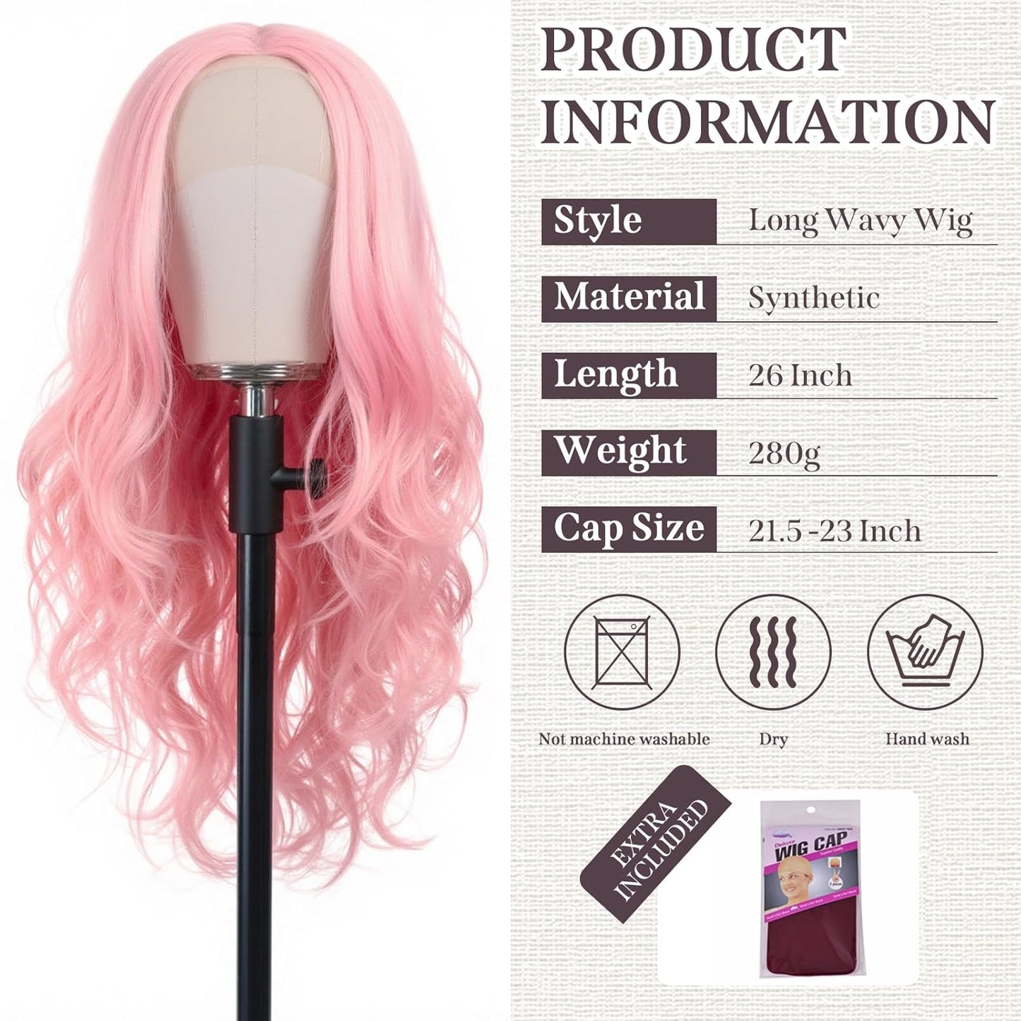 Long Wavy Pink Wig - 26 Inch Synthetic Lace Front Wig for Women | Natural Looking, Pre Plucked, Glueless