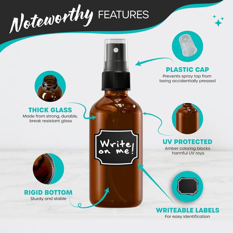 Amber Glass Spray Bottles - 4 Oz Set with Funnel, Labels & Brush | 24 Pack for Hair, Face & Travel