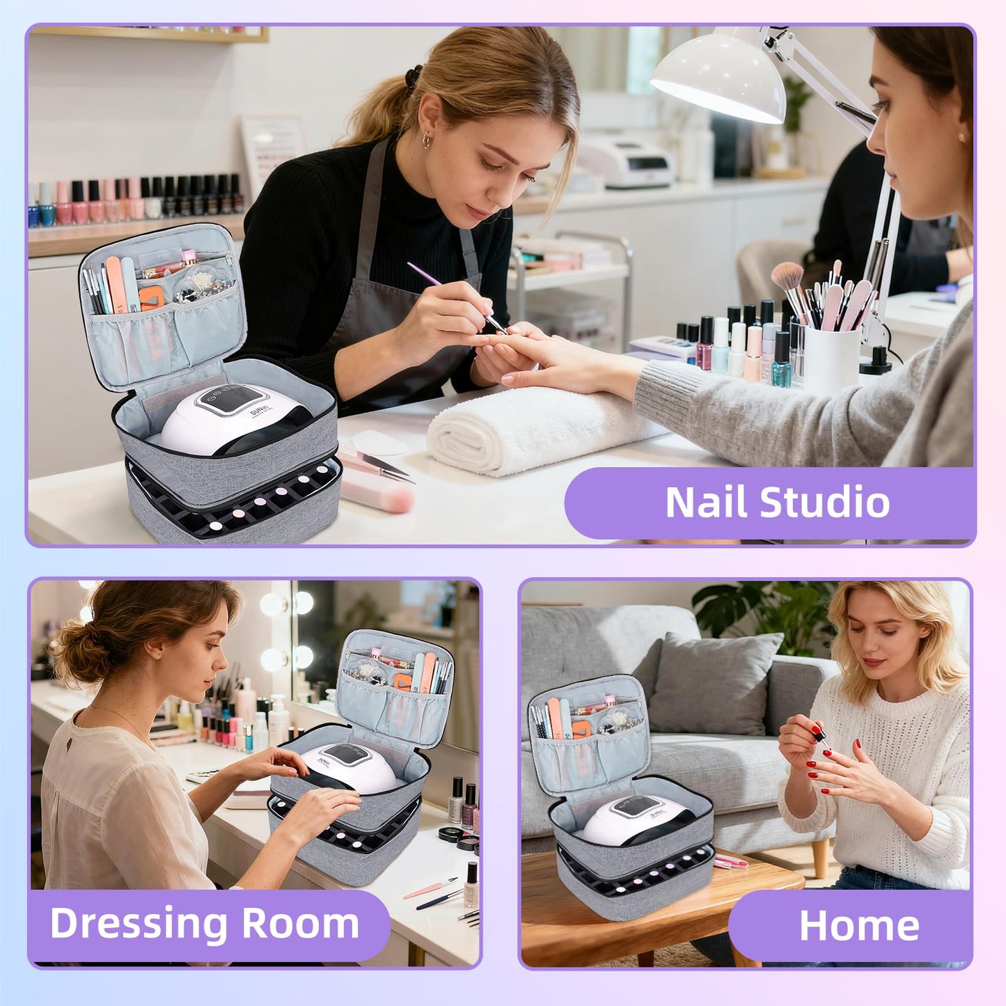 ALSLEA Nail Polish Organizer Holds 30 Bottles (15ml - 0.5 fl.oz) Double-layer Gel Nail Polish Kit Carrying Case, Nail Holder for Nail Lamp, Portable Nail Organizer and Storage for Nail Supplies (Gray)