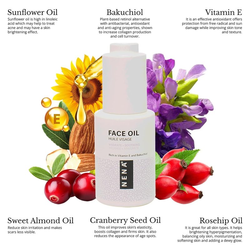 NENA Skincare Face Oil - Bakuchiol & Vitamin E for Collagen Boosting | Hydrates & Nourishes All Skin Types - 1 oz