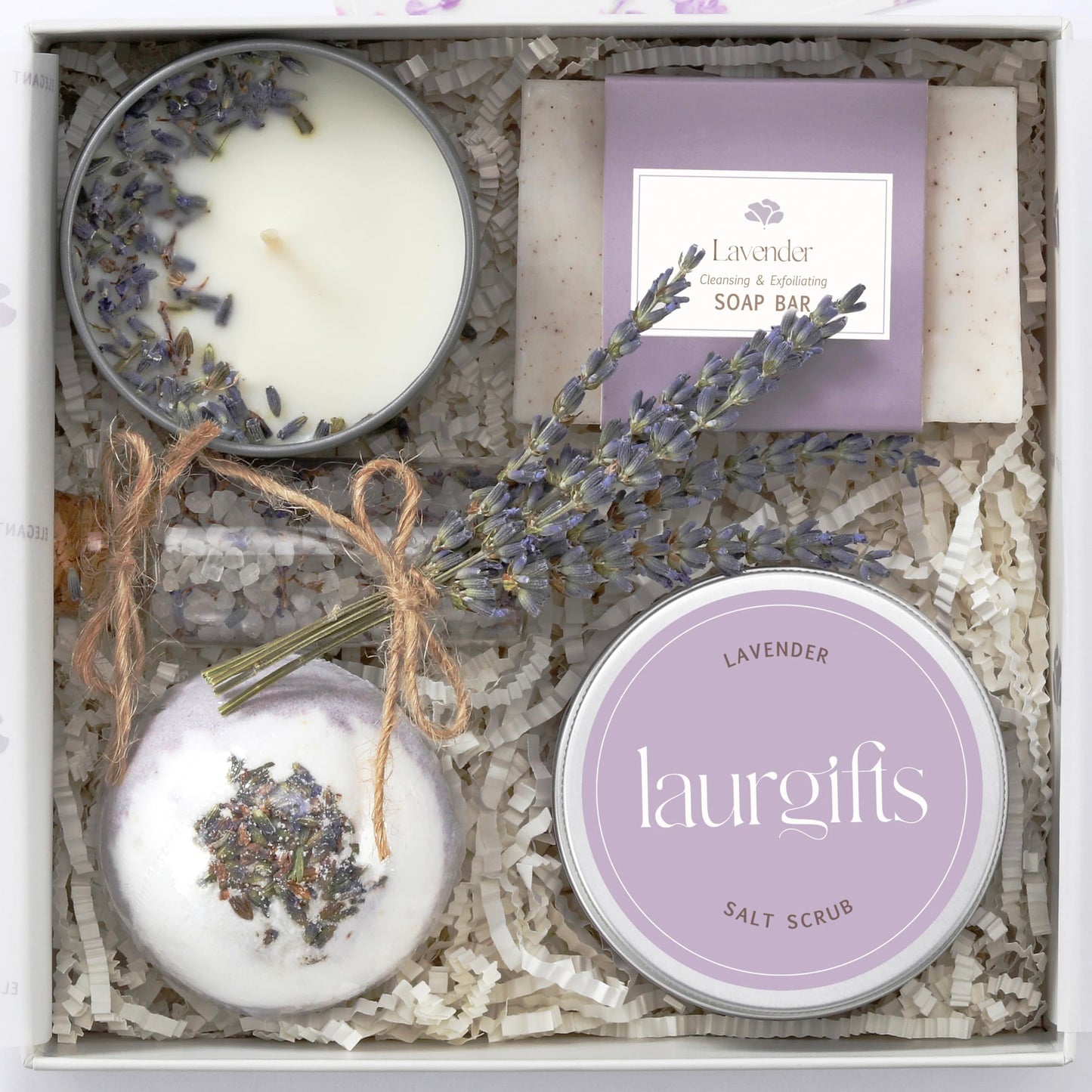 Birthday Gifts for Women – Lavender Spa Gift Basket, Small Candle Set with Bath Gifts, Relaxing Self Care Basket, Lavender Gift for Her