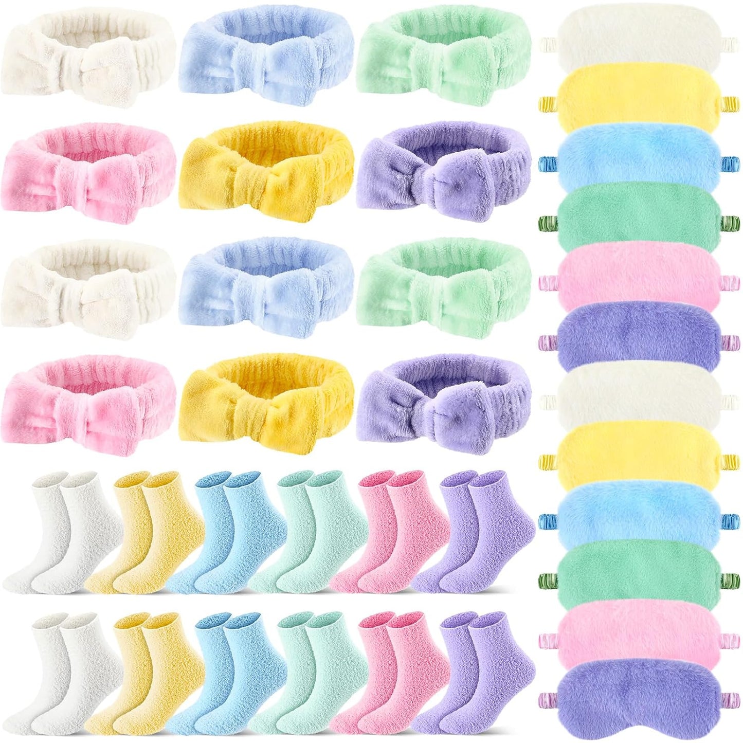 Spa Sleepover Party Supplies - 36 Pcs Plush Eye Masks & Fuzzy Socks | Macaron Colors for Women