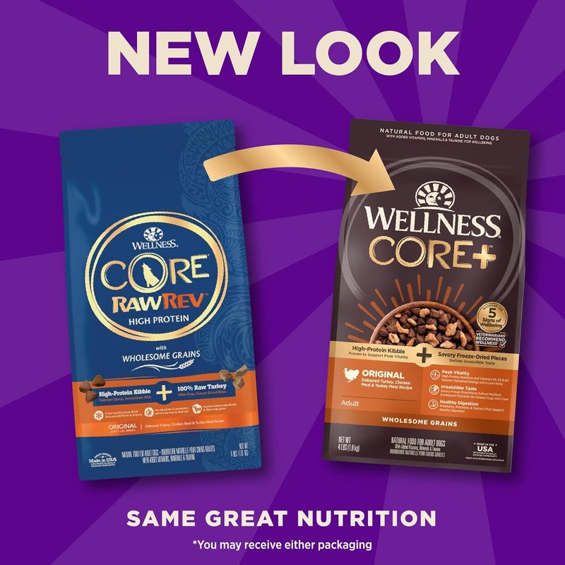Wellness CORE+ Dry Dog Food - High Protein Turkey & Chicken Recipe | 4 lb Bag with Freeze-Dried Pieces