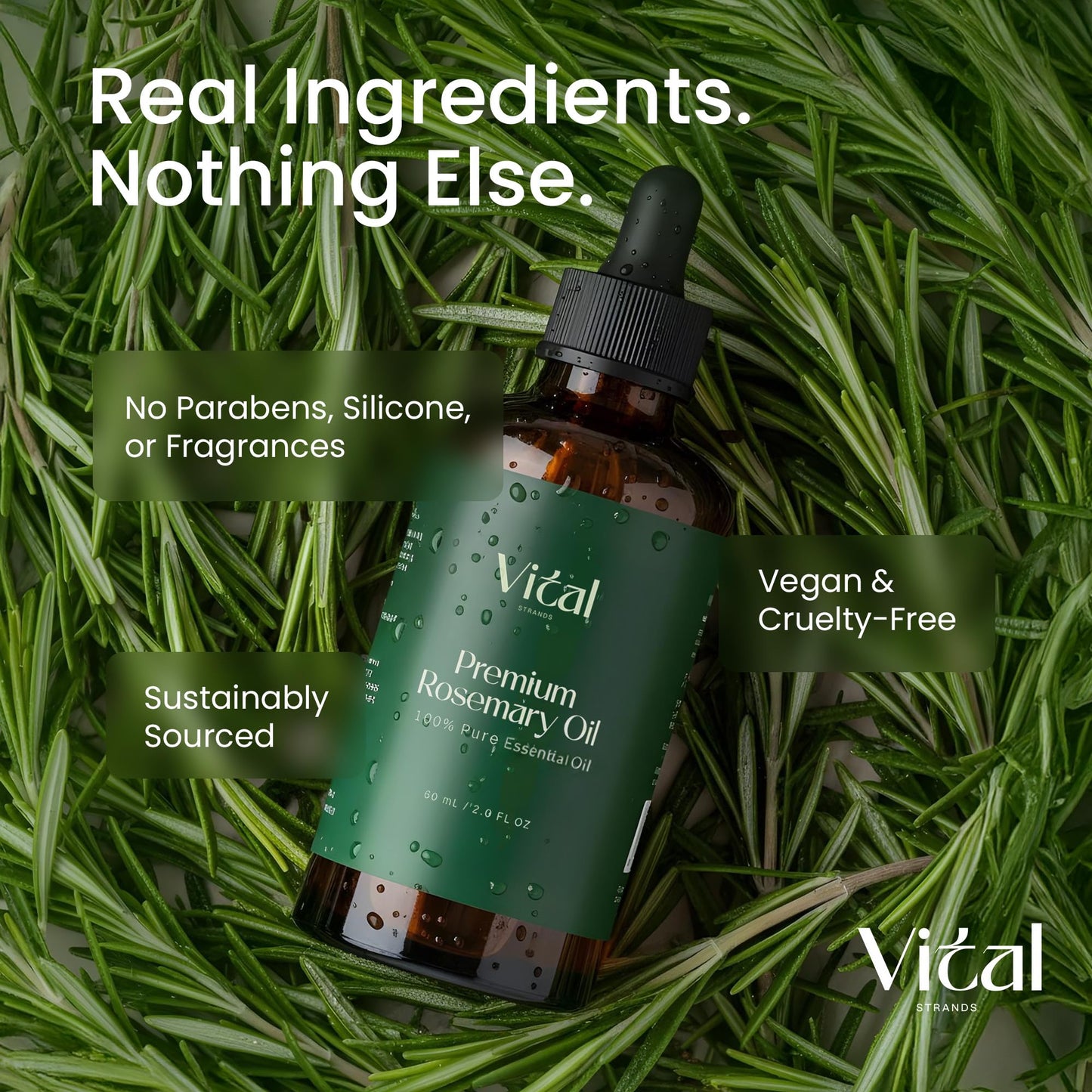 Vital Strands 100% Pure Rosemary Oil for Hair Growth & Thicker Hair – Cold Pressed Natural Essential Oil for Women & Men, Nourishes Scalp, Strengthens Roots, Promotes Regrowth & Reduces Thinning
