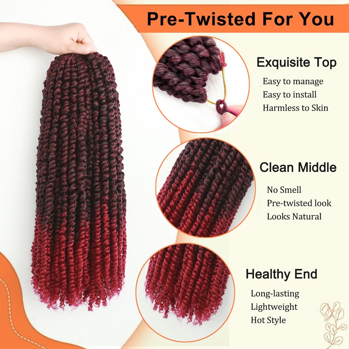 18 Inch Crochet Passion Twist Hair Pre Looped 8 Packs Crochet Hair, Pre Twisted Passion Twist Crochet Hair Ombre Burgundy Synthetic Bohemian Twist Braids Hair for Black Women